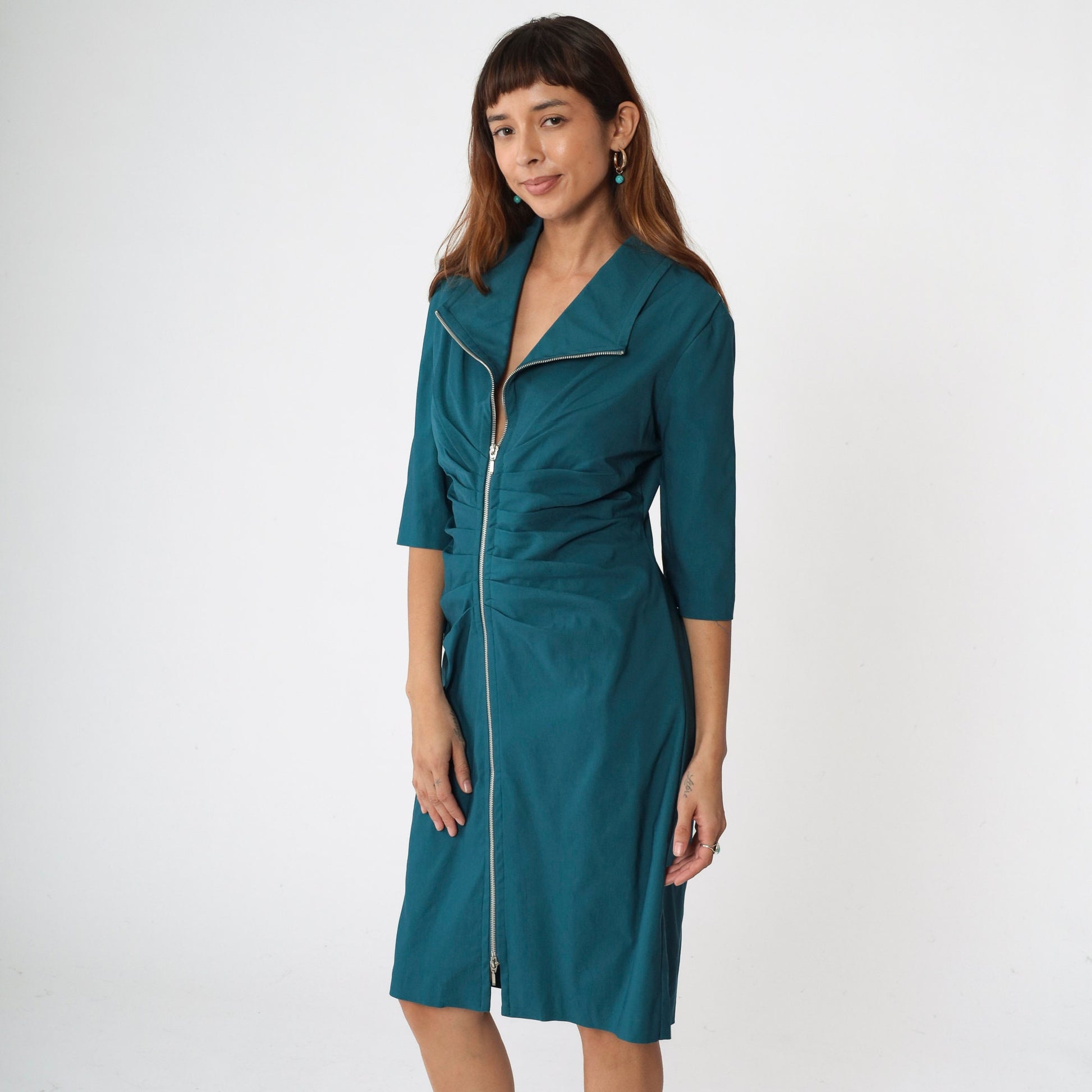 00s Joseph Ribkoff Teal Sheath Dress Front Zip Pleated 3/4 Sleeve Knee Length Large 14