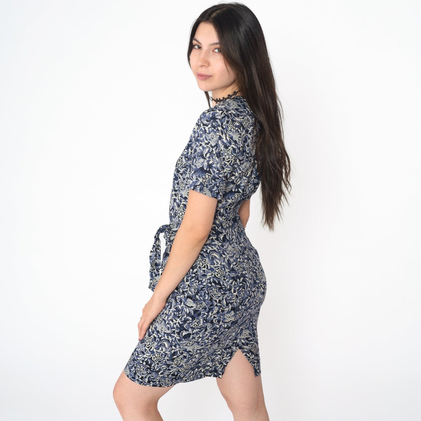 90s Floral Rayon Mini Dress Blue Wrap Tie Skirt Short Sleeve Small 4