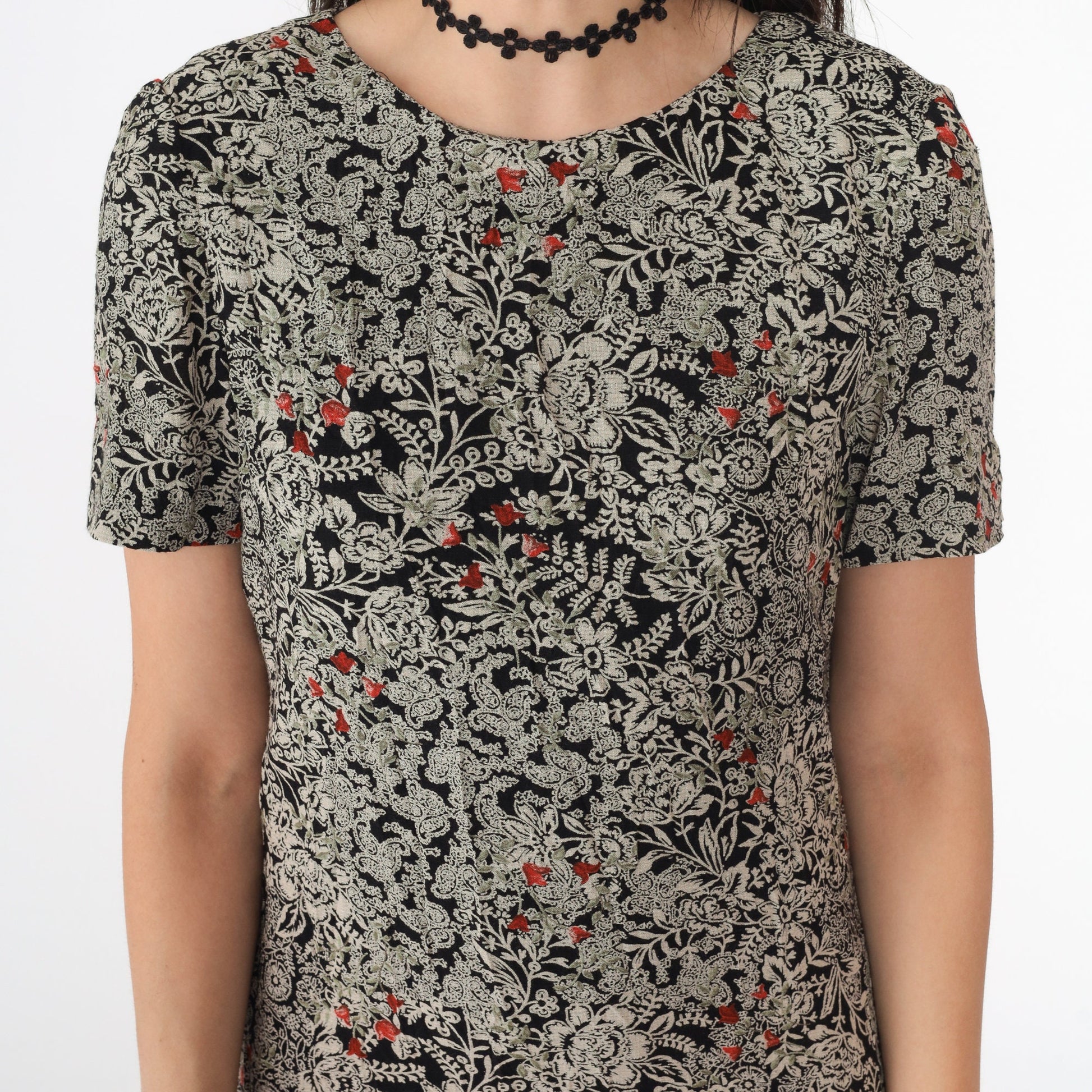 90s Liz Claiborne Floral Mini Dress Black Shift Short Sleeve Extra Small