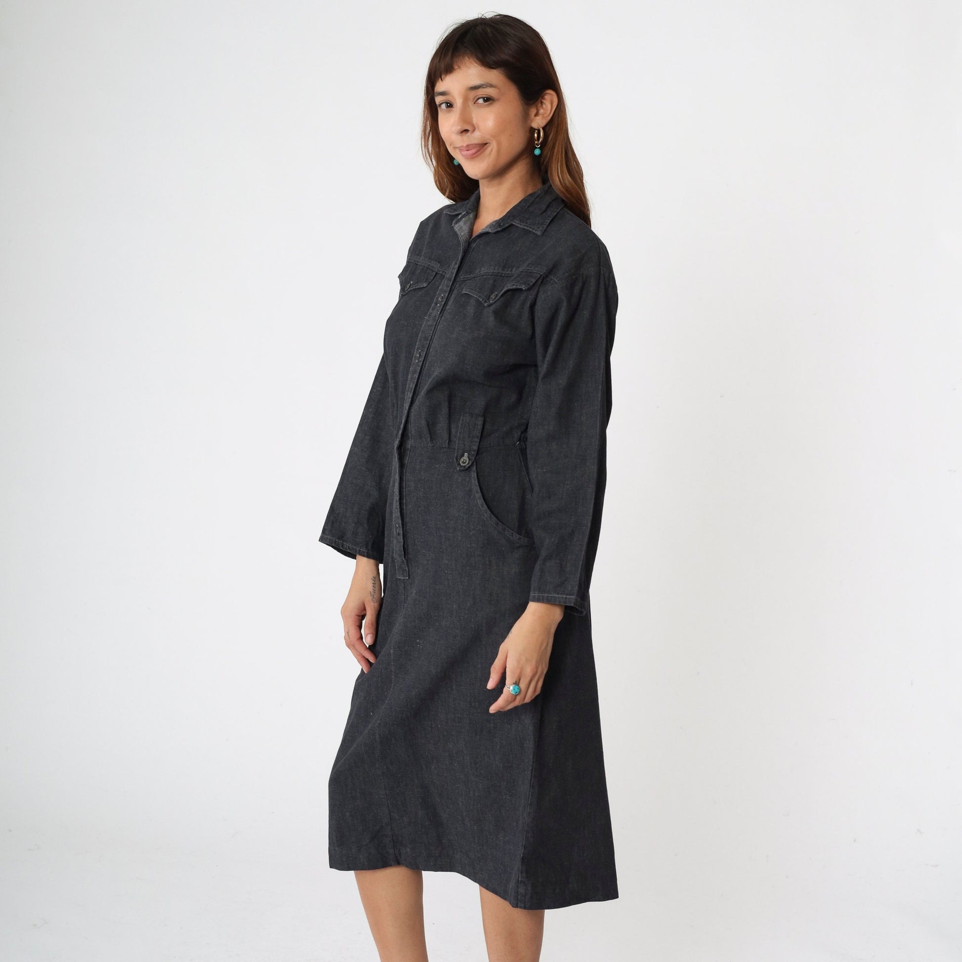 90s Panhandle Slim Black Denim Shirtdress High Waist Midi Button Up Medium