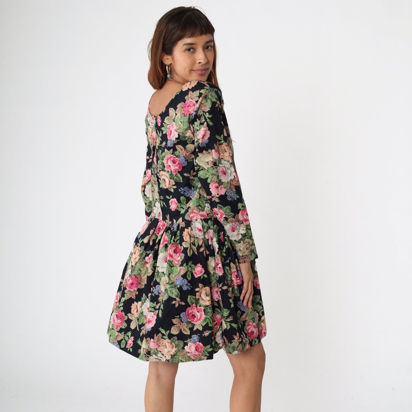 90s Atlas Studio Floral Mini Dress Black Drop Waist Long Sleeve Small S