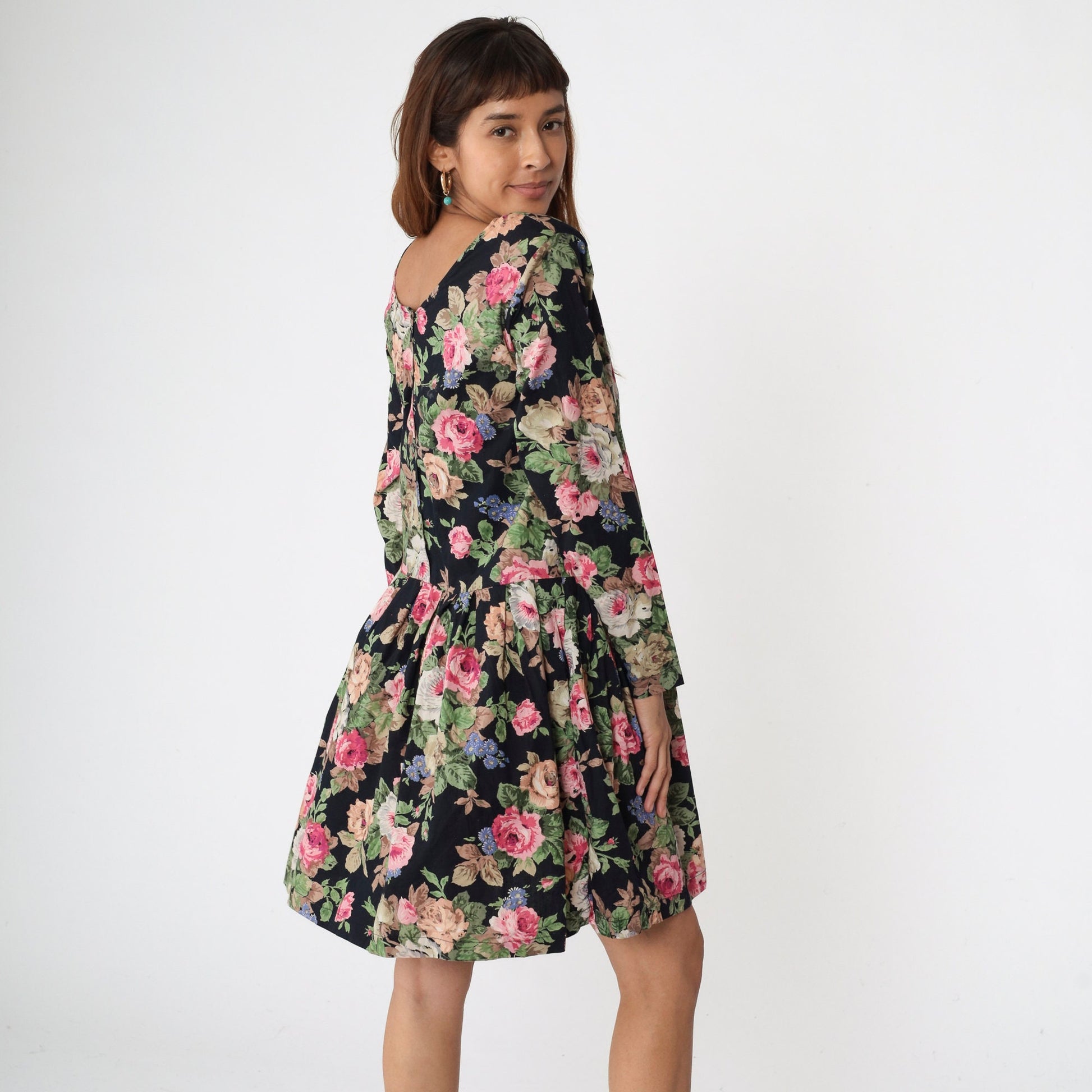 90s Atlas Studio Floral Mini Dress Black Drop Waist Long Sleeve Small S