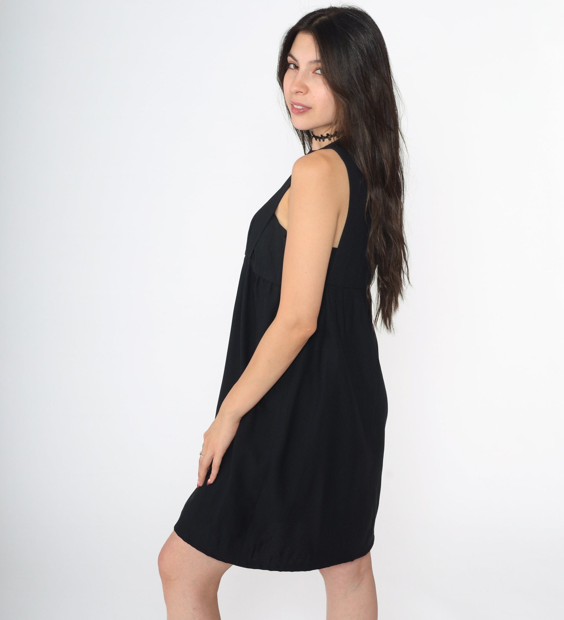 60s Black Mini Shift Dress Keyhole Back Empire Waist Sleeveless Small