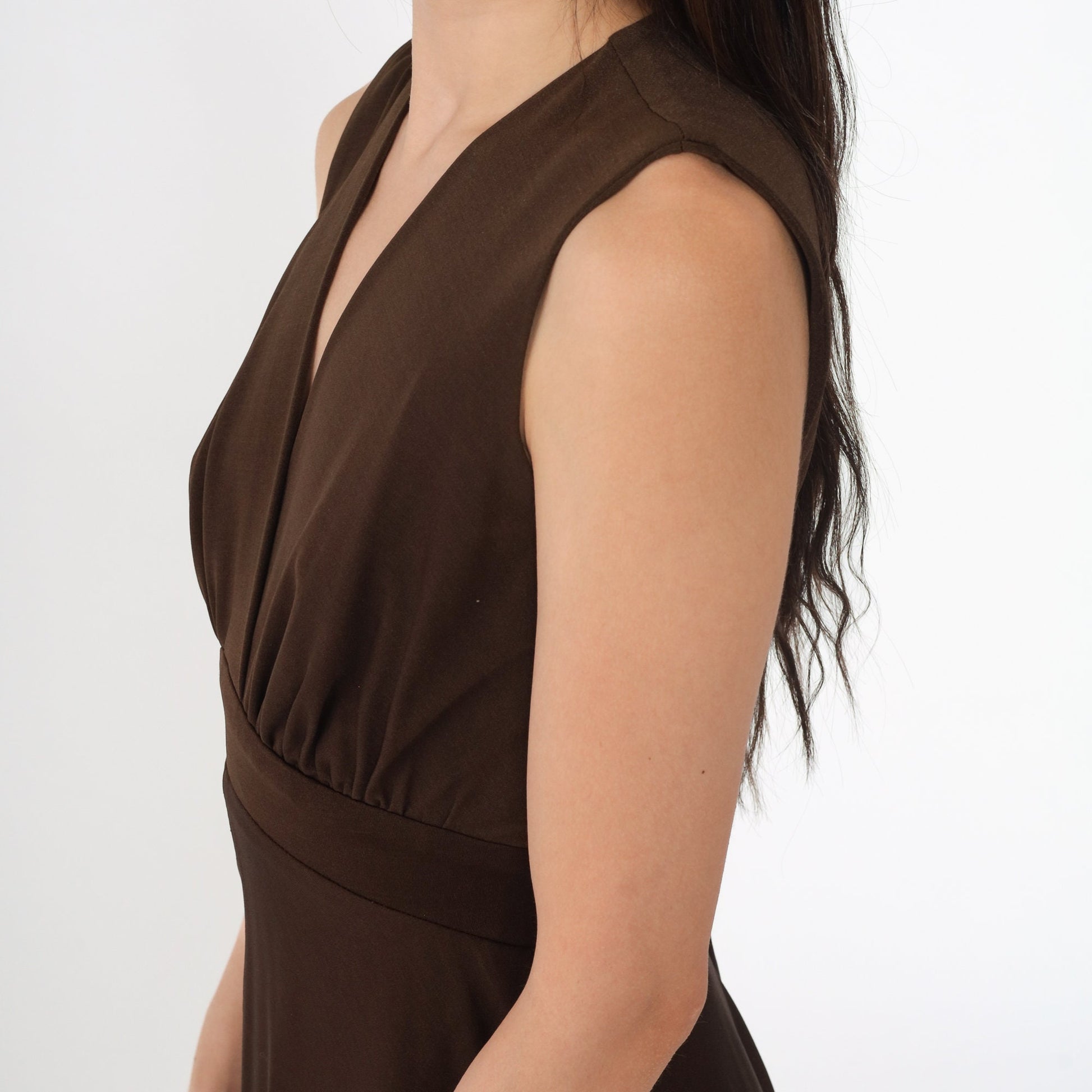 70s Miss Elliette Wrap Dress Brown Surplice Midi Sleeveless Small