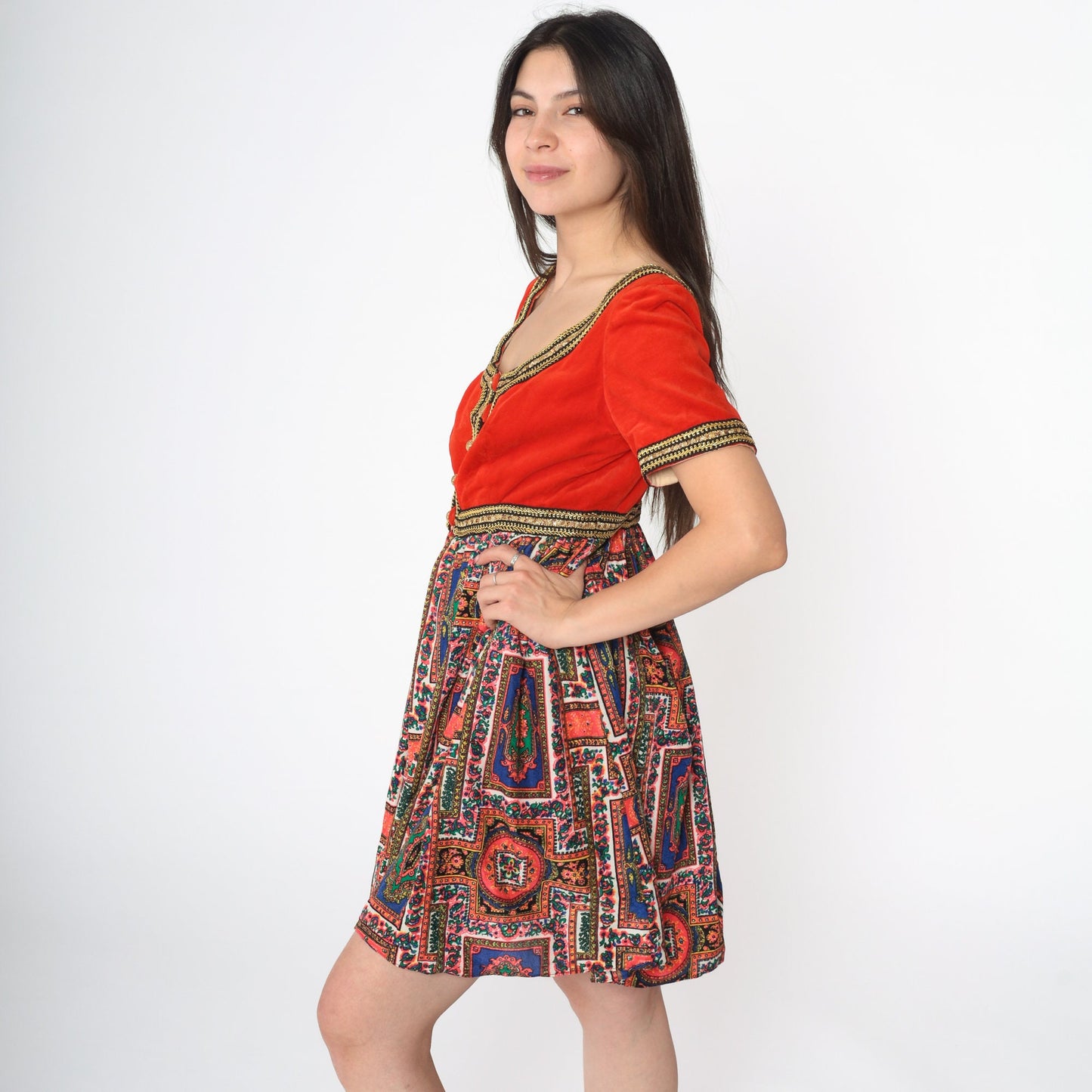 60s Velvet Mini Dress Orange Gold Trim Psychedelic Medallion Empire Waist Small