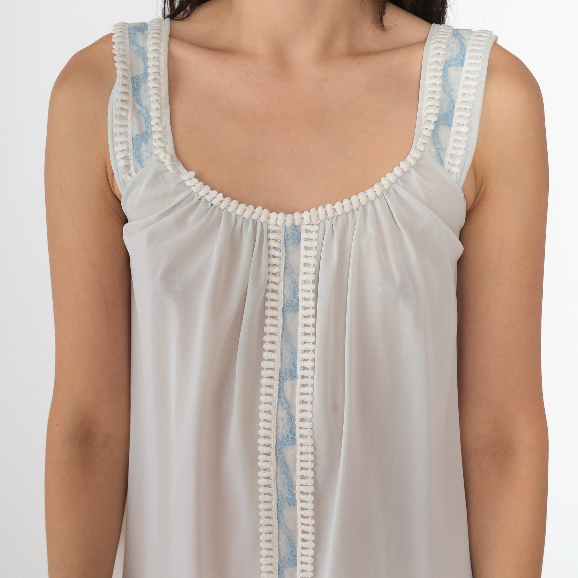 70s Baby Blue Nylon Nightgown Lace Embroidered Mini Slip Sleeveless Small