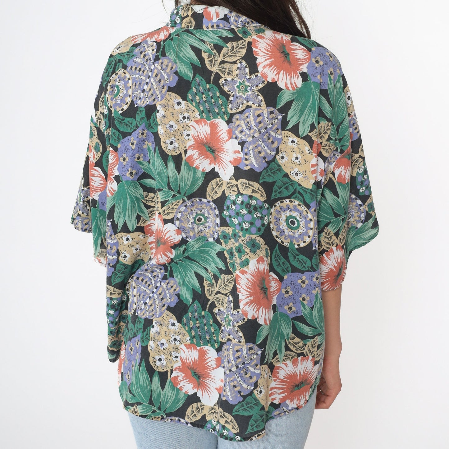 90s Tropical Floral Button Up Blouse Short Sleeve Blue Plus Size 18W