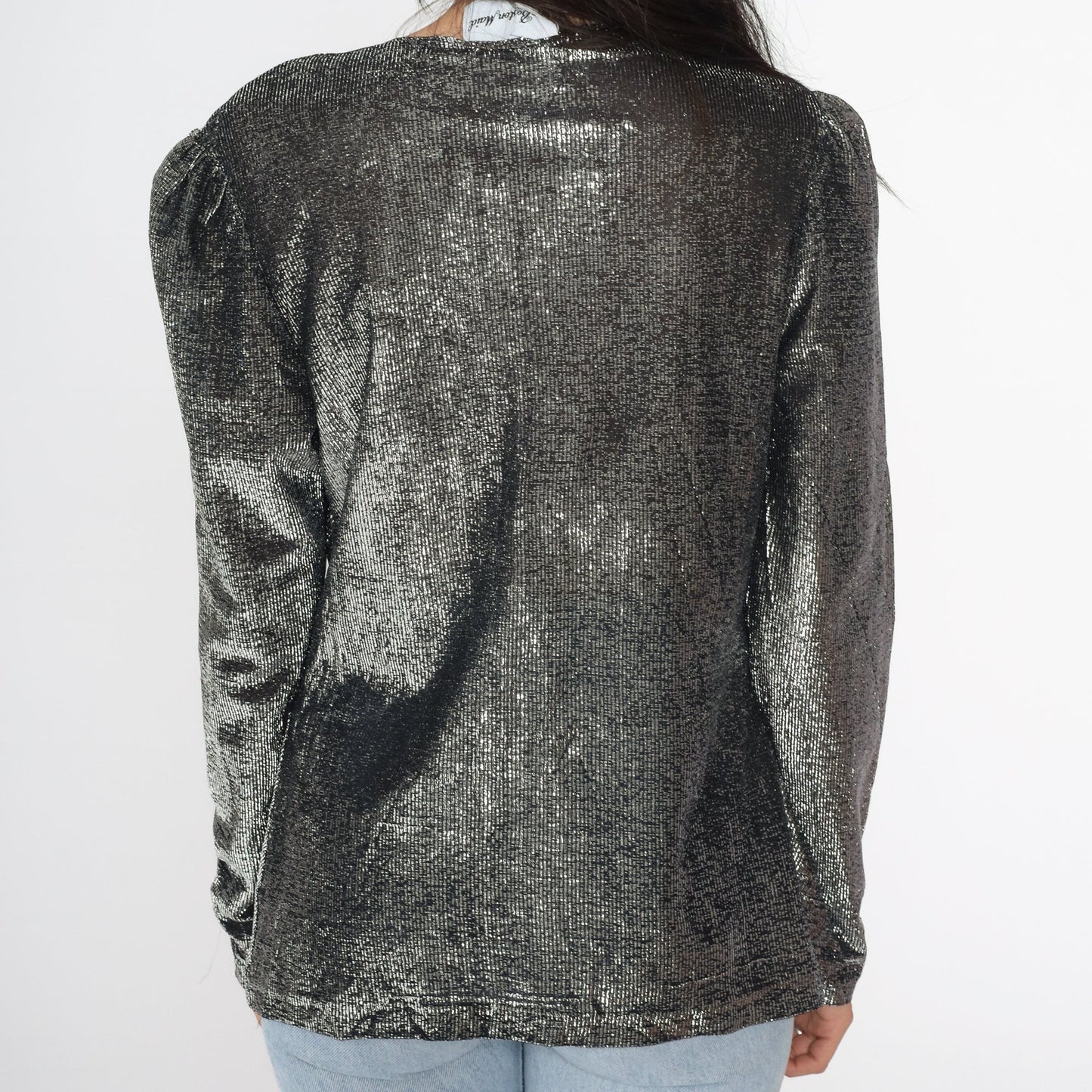 70s Metallic Silver Cowl Neck Blouse Puff Sleeve Party Top Small S