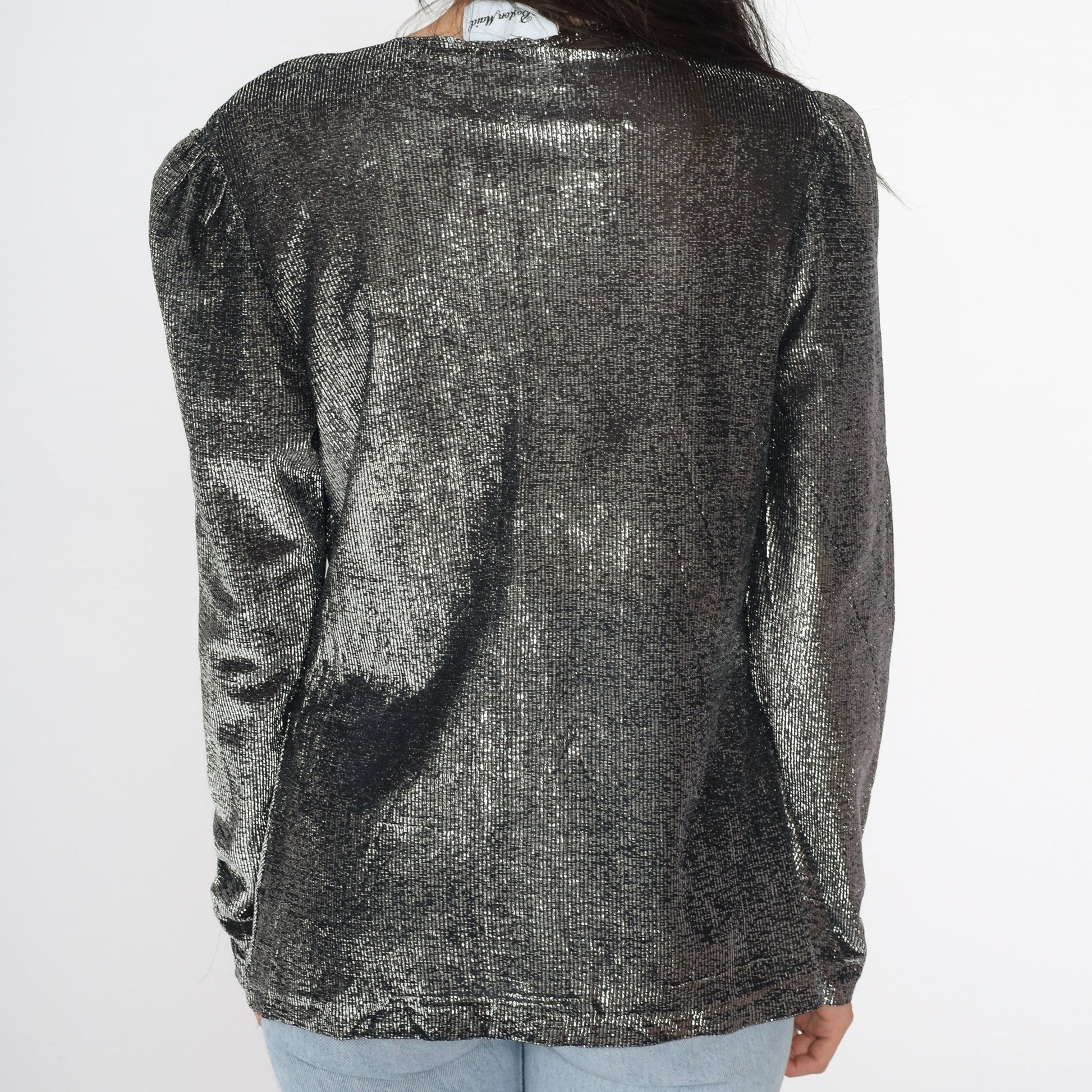 70s Metallic Silver Cowl Neck Blouse Puff Sleeve Party Top Small S