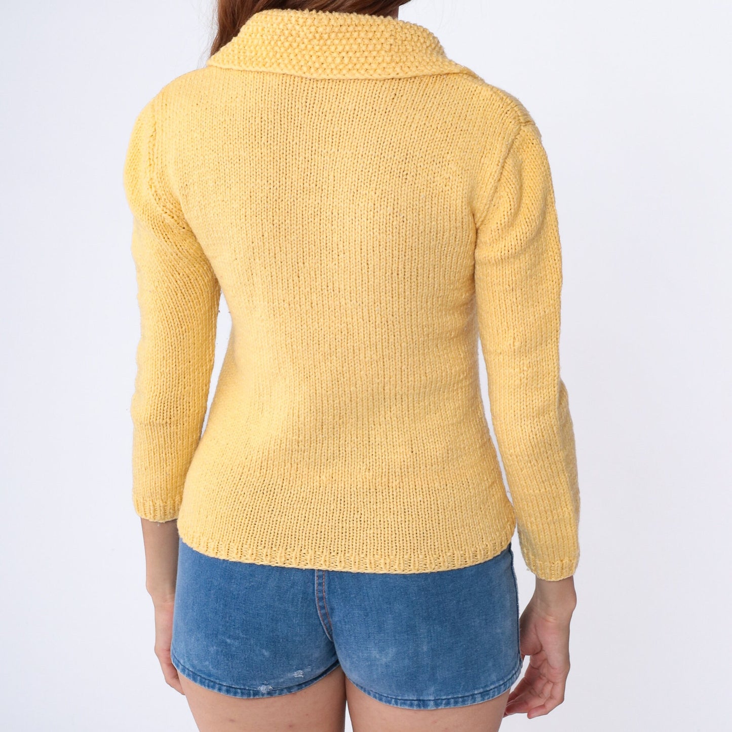 70s Yellow Knit Sweater V-Neck Nubby Collar Pullover Extra Small