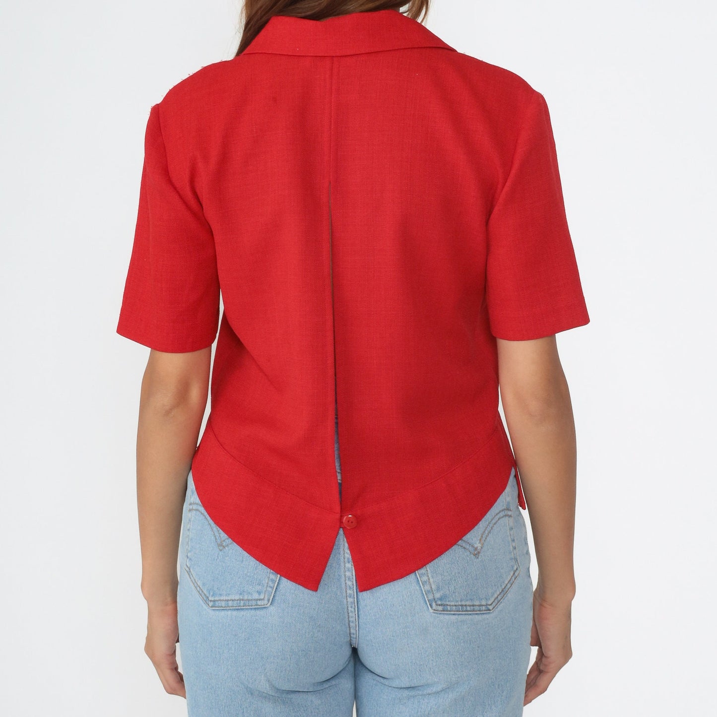 90s Red Floral Embroidered Cutout Button-Up Blouse Short Sleeve Medium