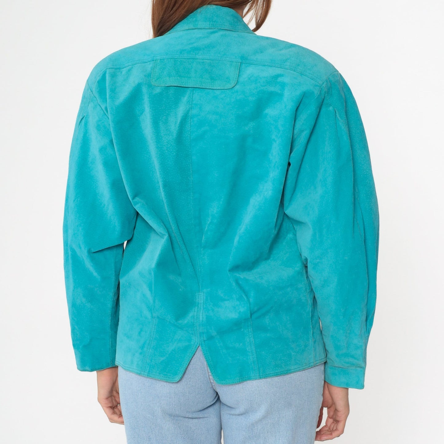 80s Turquoise Suede Leather Blazer V-Neck Shoulder Jacket Small