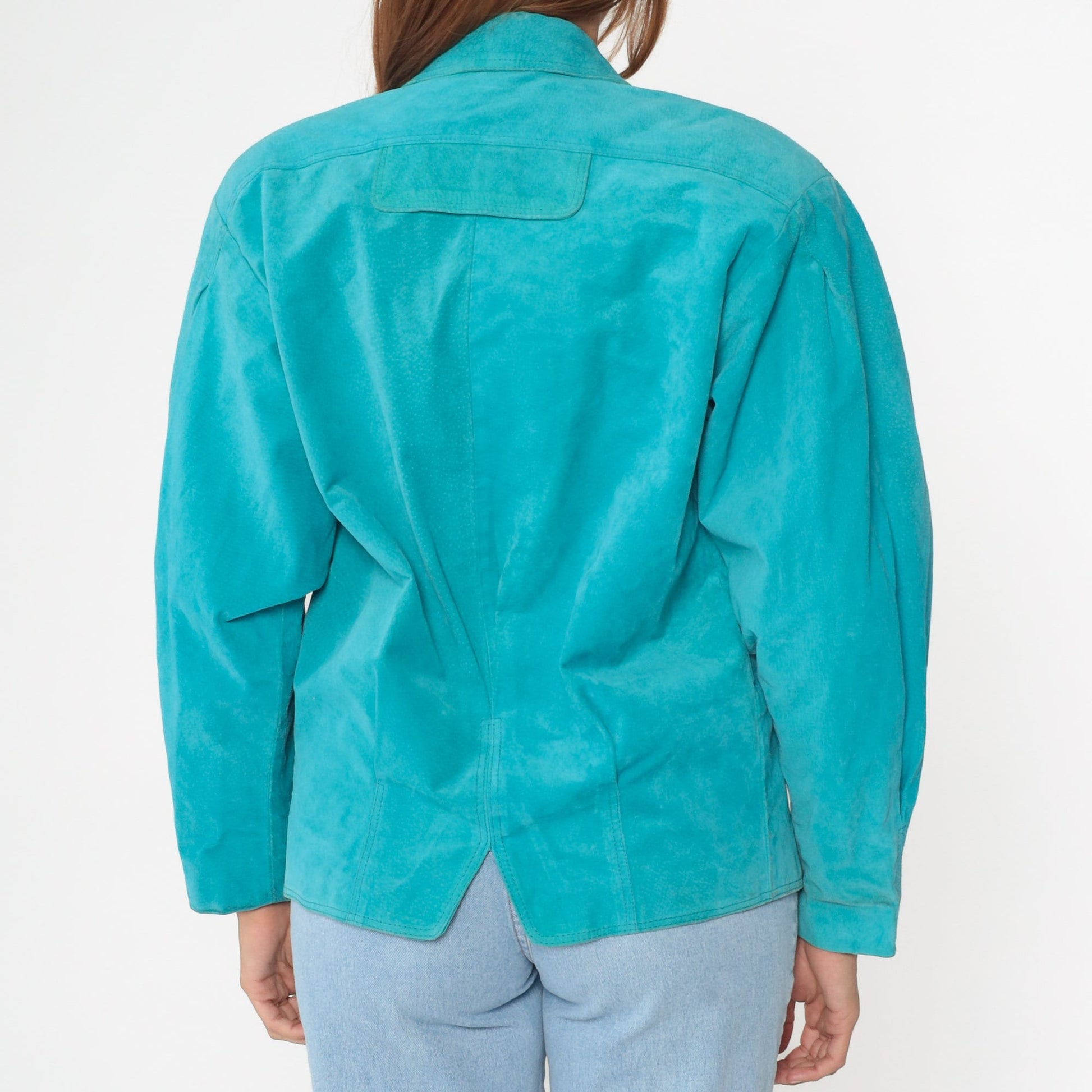 80s Turquoise Suede Leather Blazer V-Neck Shoulder Jacket Small