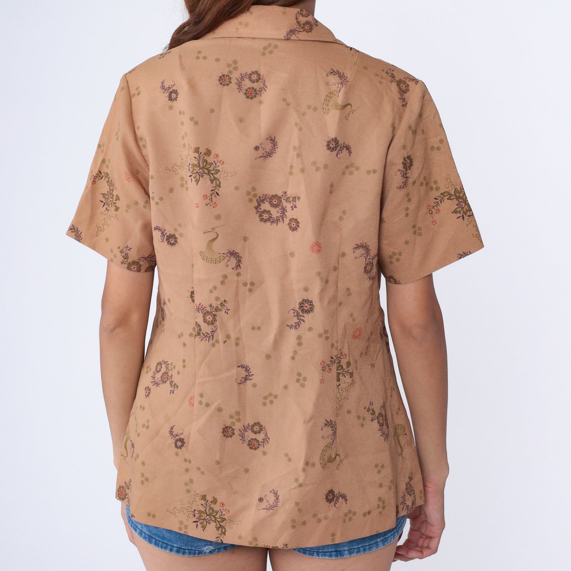 70s Floral Feather Print Button Up Blouse Tan Dagger Collar Short Sleeve Medium