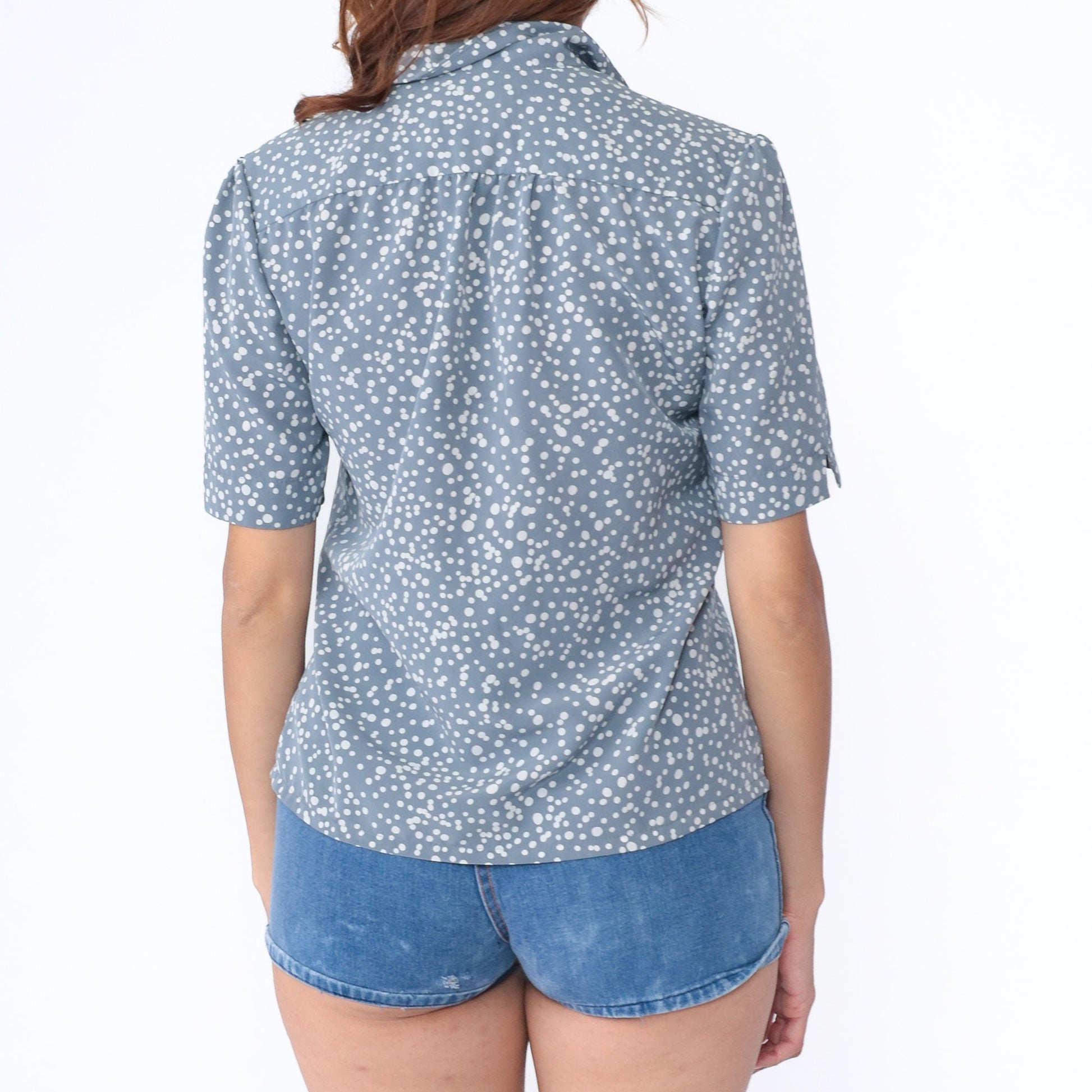 80s Country Sophisticates by Pendleton Blue Polka Dot Button-Up Blouse Medium