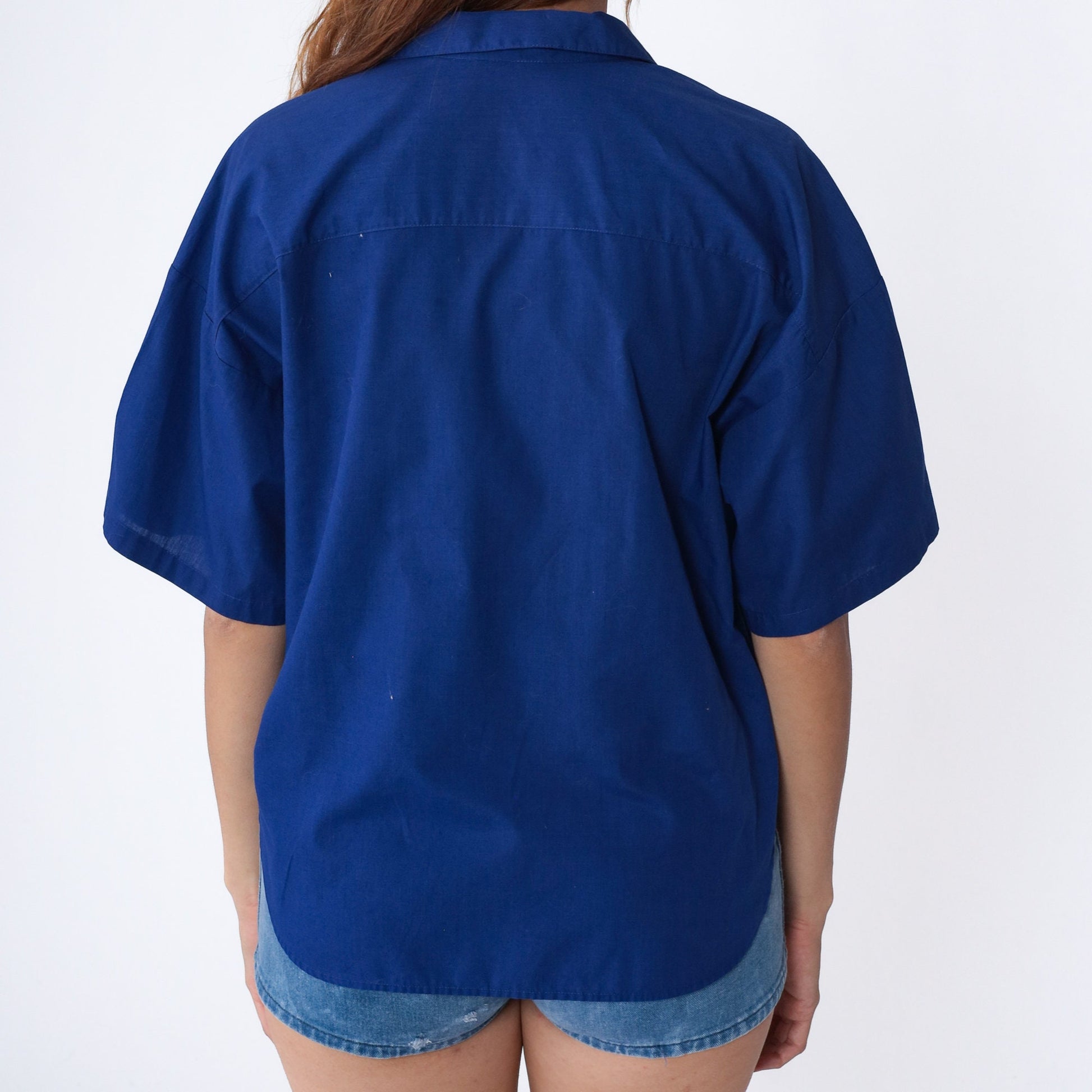 80s Royal Blue Button-Up Blouse Short Sleeve Chest Pocket Collared Large L