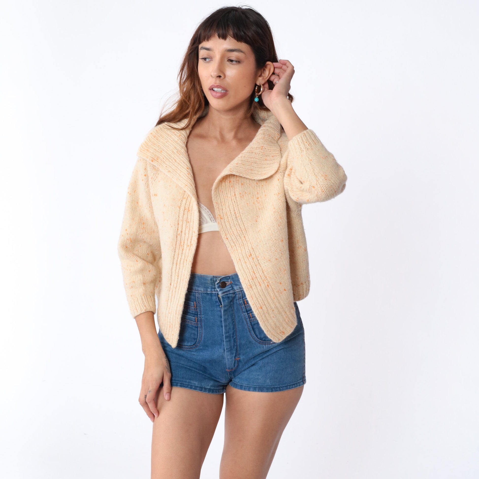 70s Cream Cardigan Orange Flecked Wool Blend Collared Sweater Small S