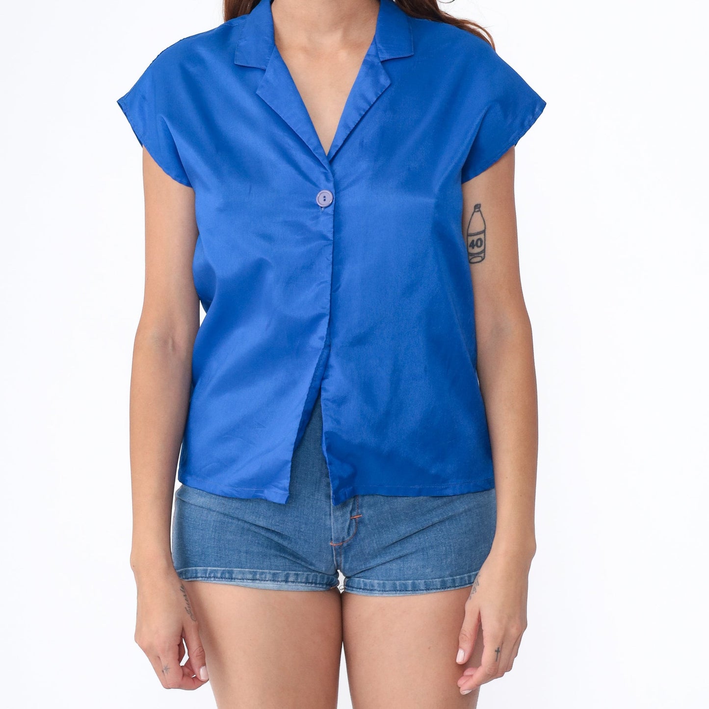 80s Avon Blue Polyester Cap Sleeve Button-Up Blouse Small
