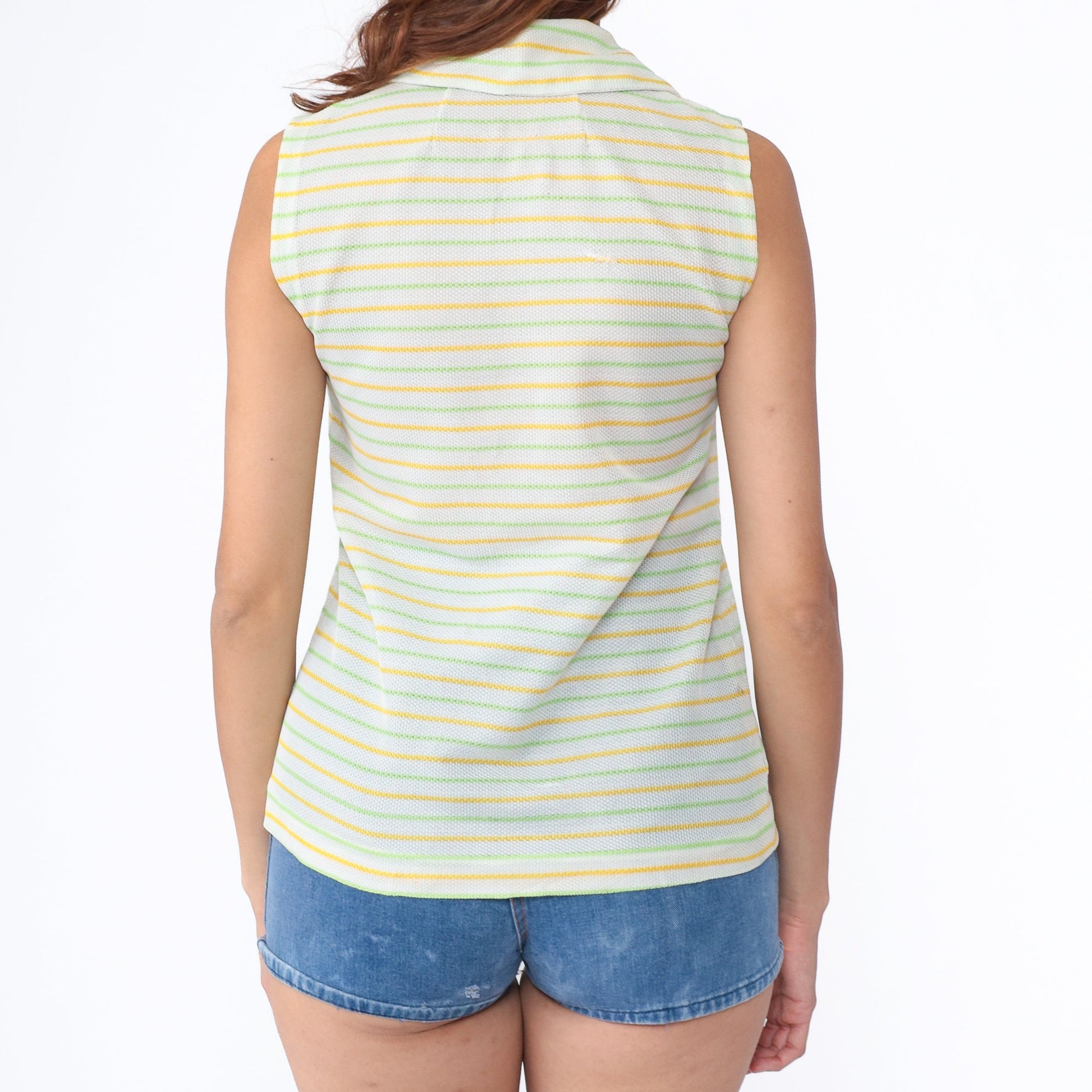 70s Striped Sleeveless Blouse Zip Collar White Yellow Lime Green Small