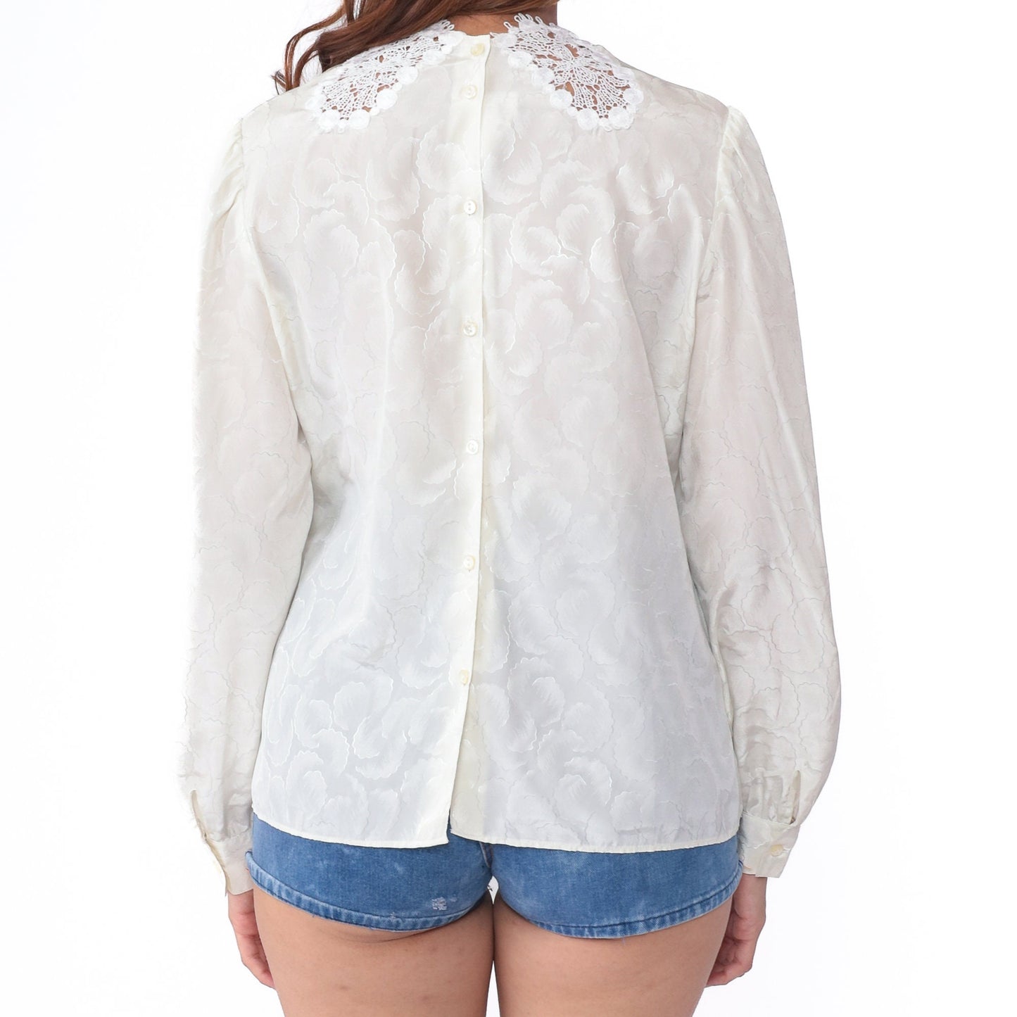 80s White Embossed Blouse Puff Sleeve Cutwork Lace Trim Button Back Medium