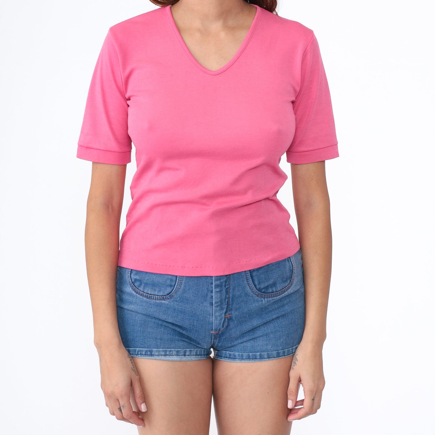 80s Bright Pink V-Neck T-Shirt Single Stitch Short Sleeve Small S