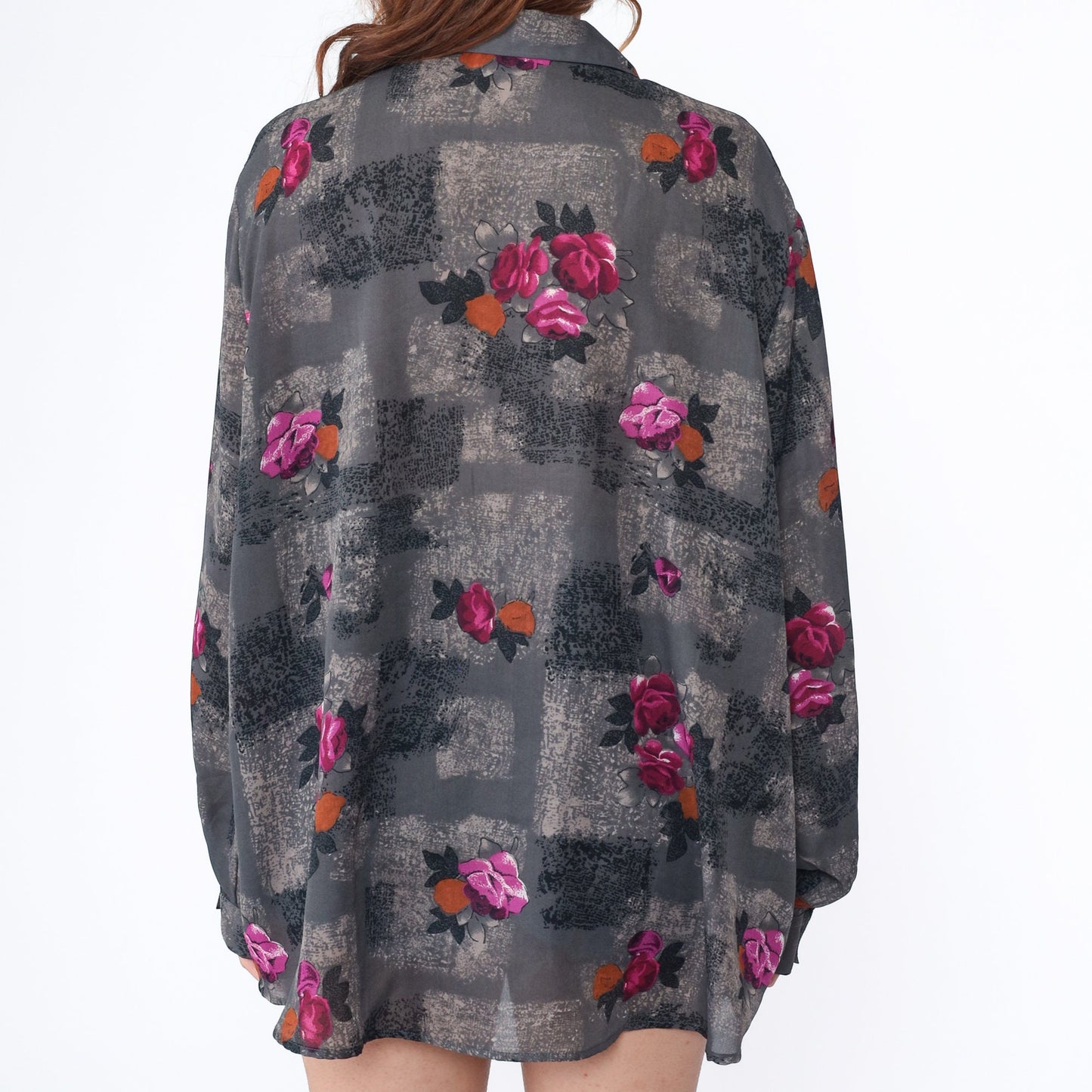 90s Grey Floral Button-Up Shirt Long Sleeve Geometric Print Plus Size XXL