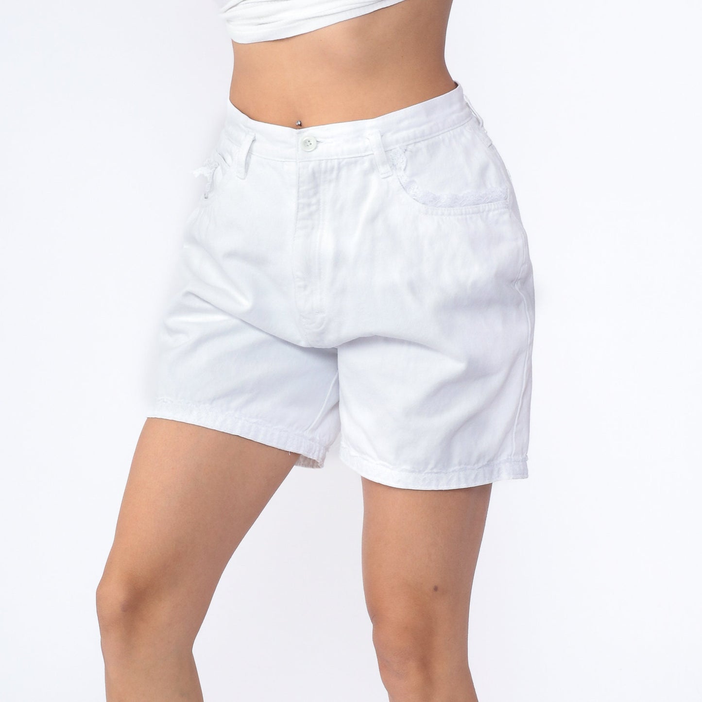 90s White Denim Shorts Floral Lace Trim High Waist Jean Shorts Small
