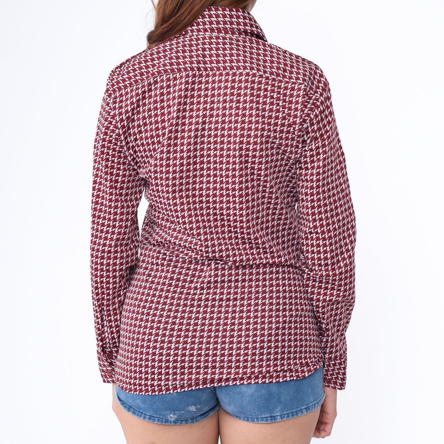 70s Spire Houndstooth Dagger Collar Oxford Shirt Maroon White Small