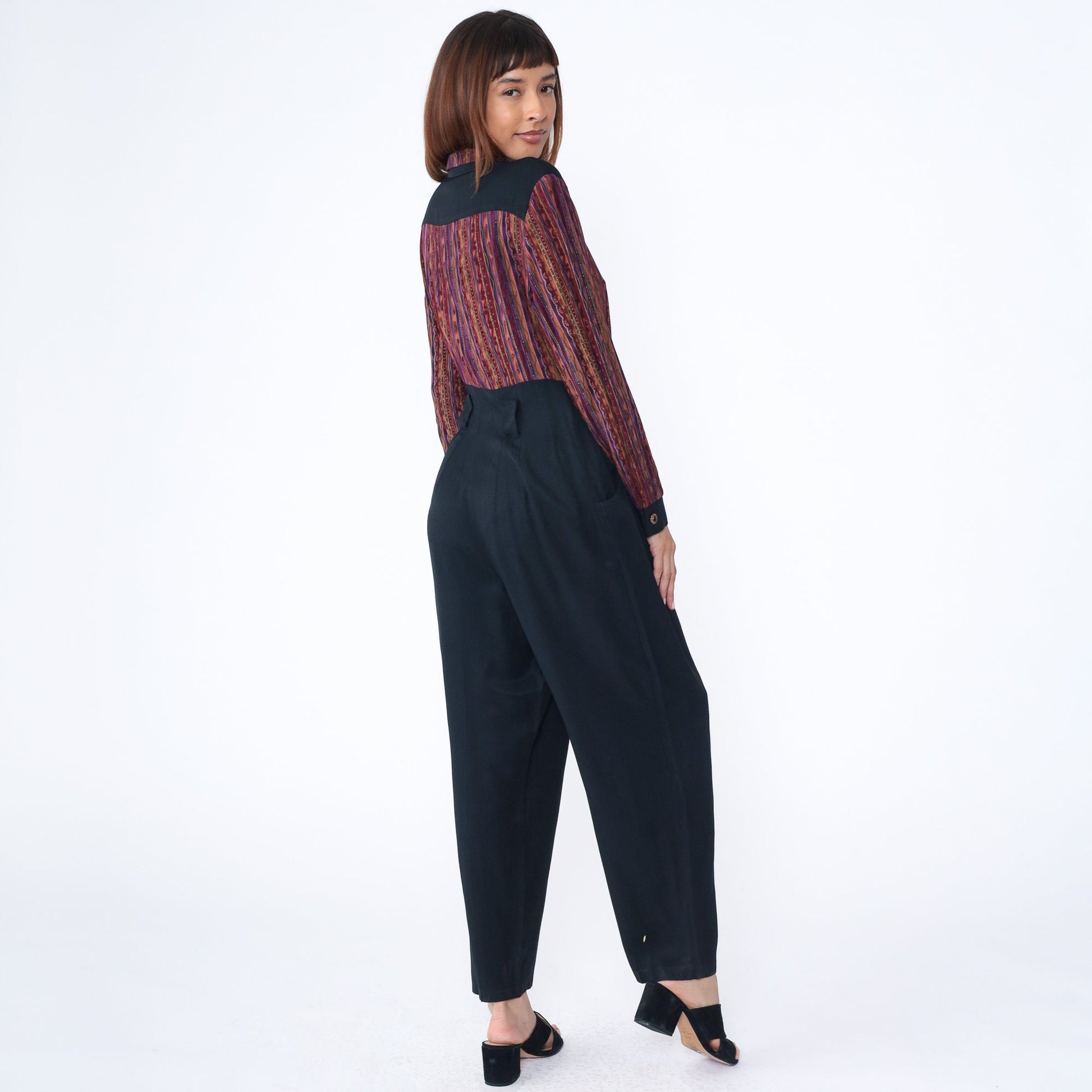 90s Molly Malloy Jumpsuit Burgundy Striped Black Tapered High Waist Medium