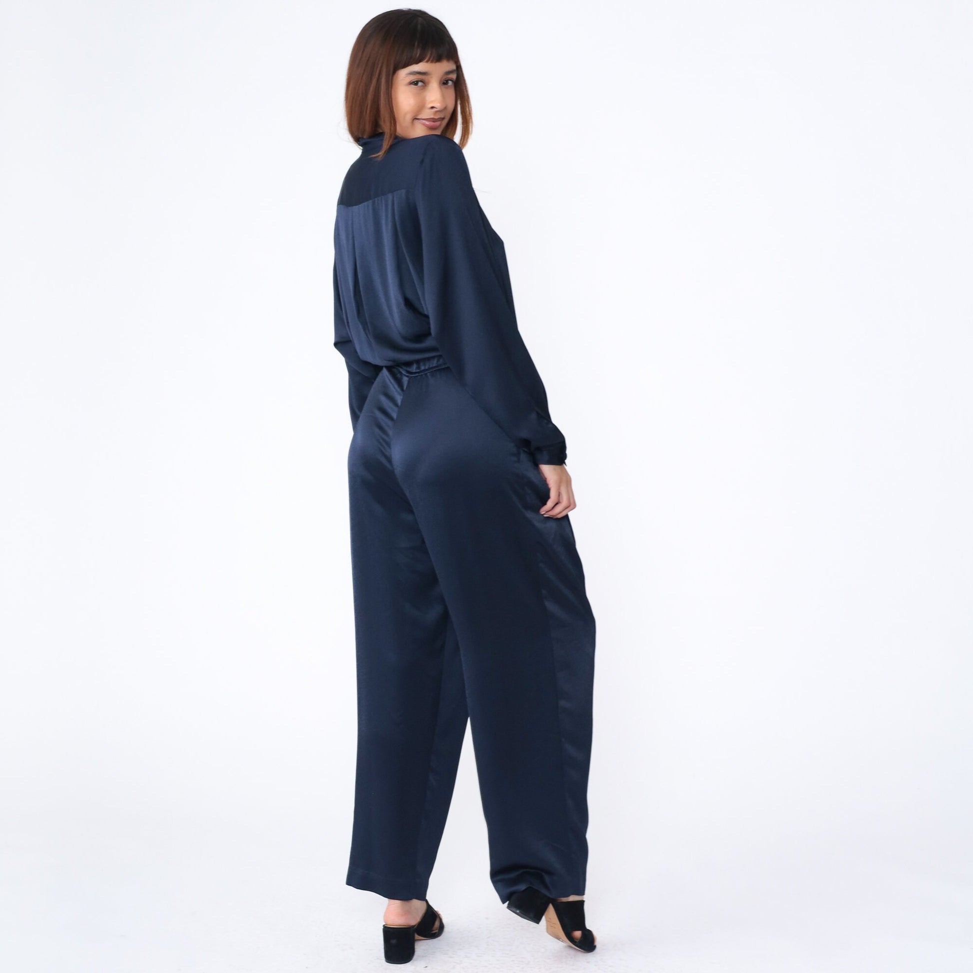 90s Liz Claiborne Navy Wrap Jumpsuit V Neck Tapered Wide Leg Medium