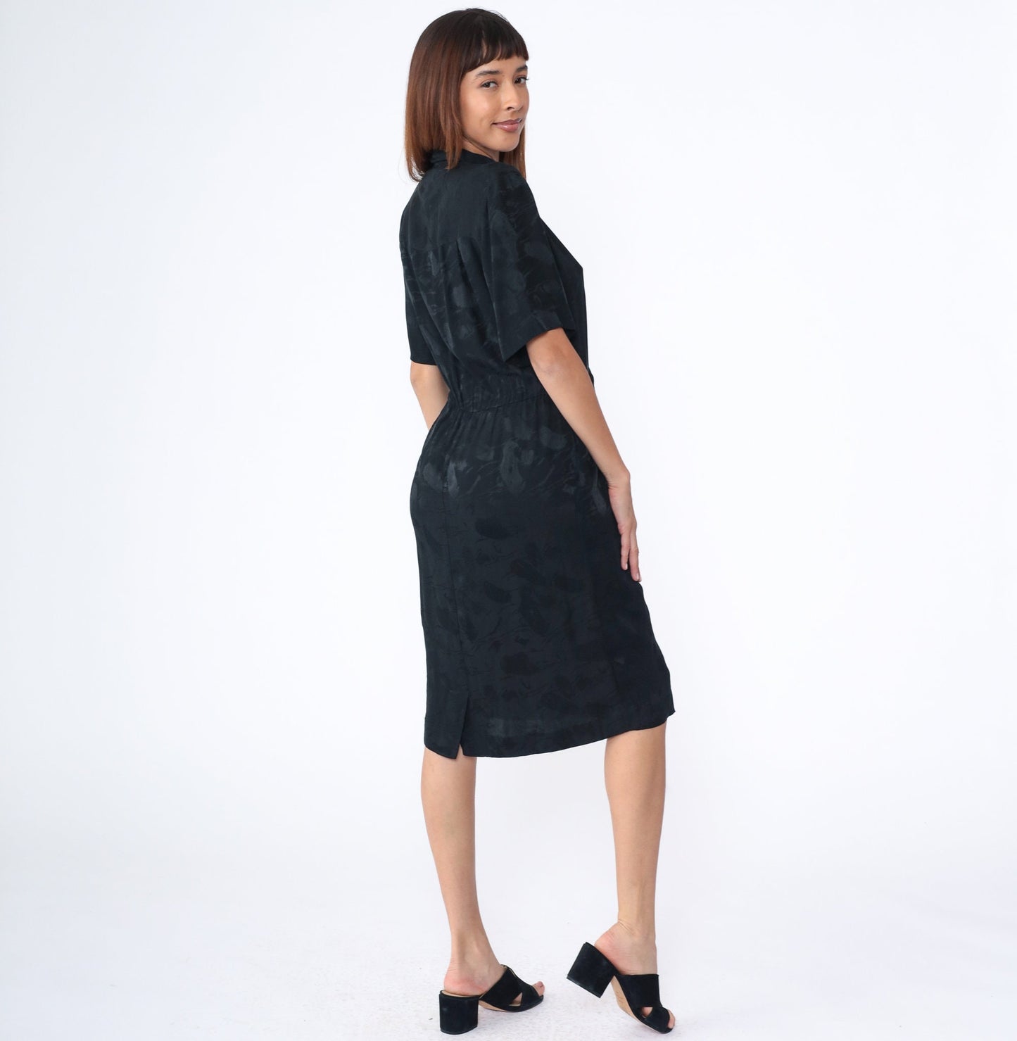 90s Black Silk Wrap Dress V-Neck High Waist Midi Short Sleeve Medium 8