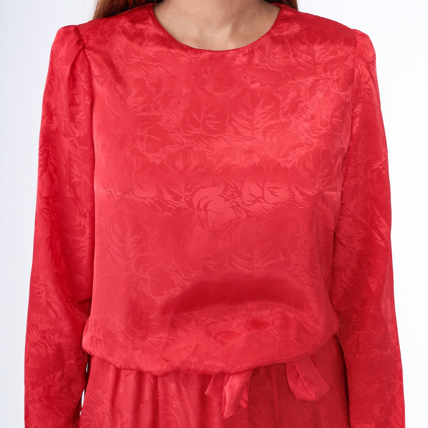 80s Red Embossed Leaf Midi Dress Puff Sleeve Blouson Waist Medium M