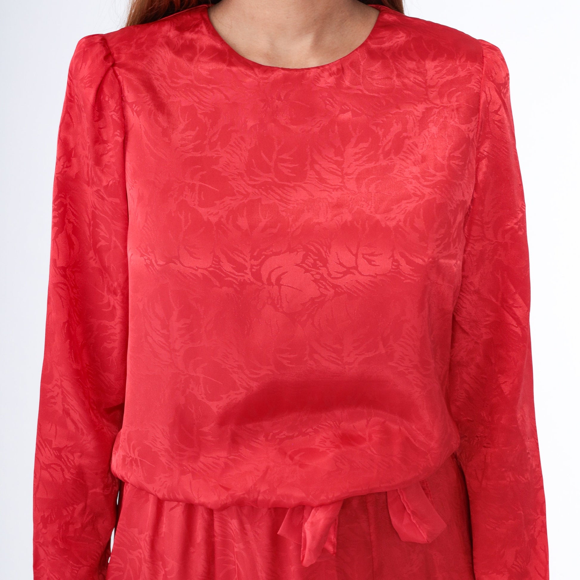 80s Red Embossed Leaf Midi Dress Puff Sleeve Blouson Waist Medium M