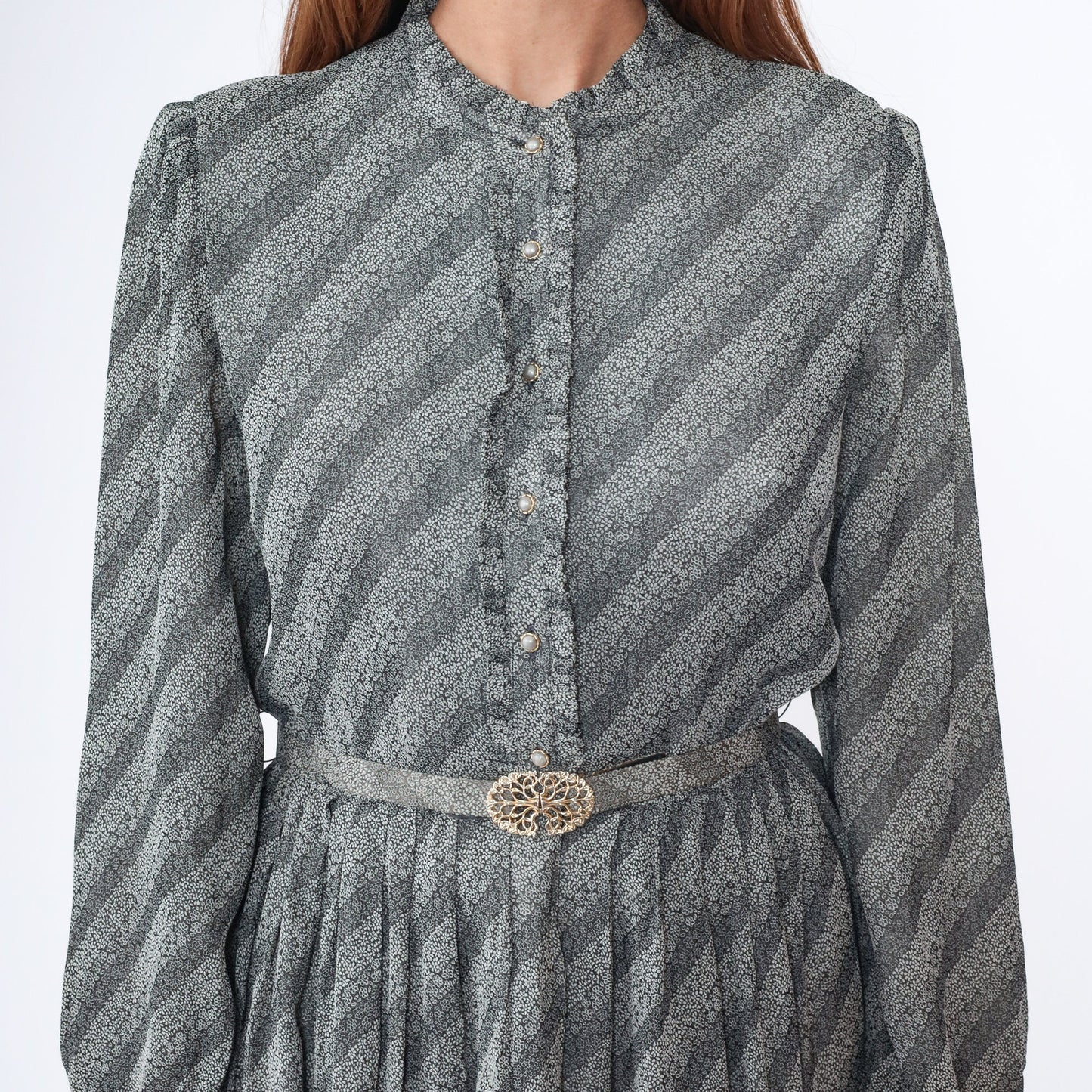 80s Floral Striped Midi Dress Grey White Puff Sleeve Button Up Medium