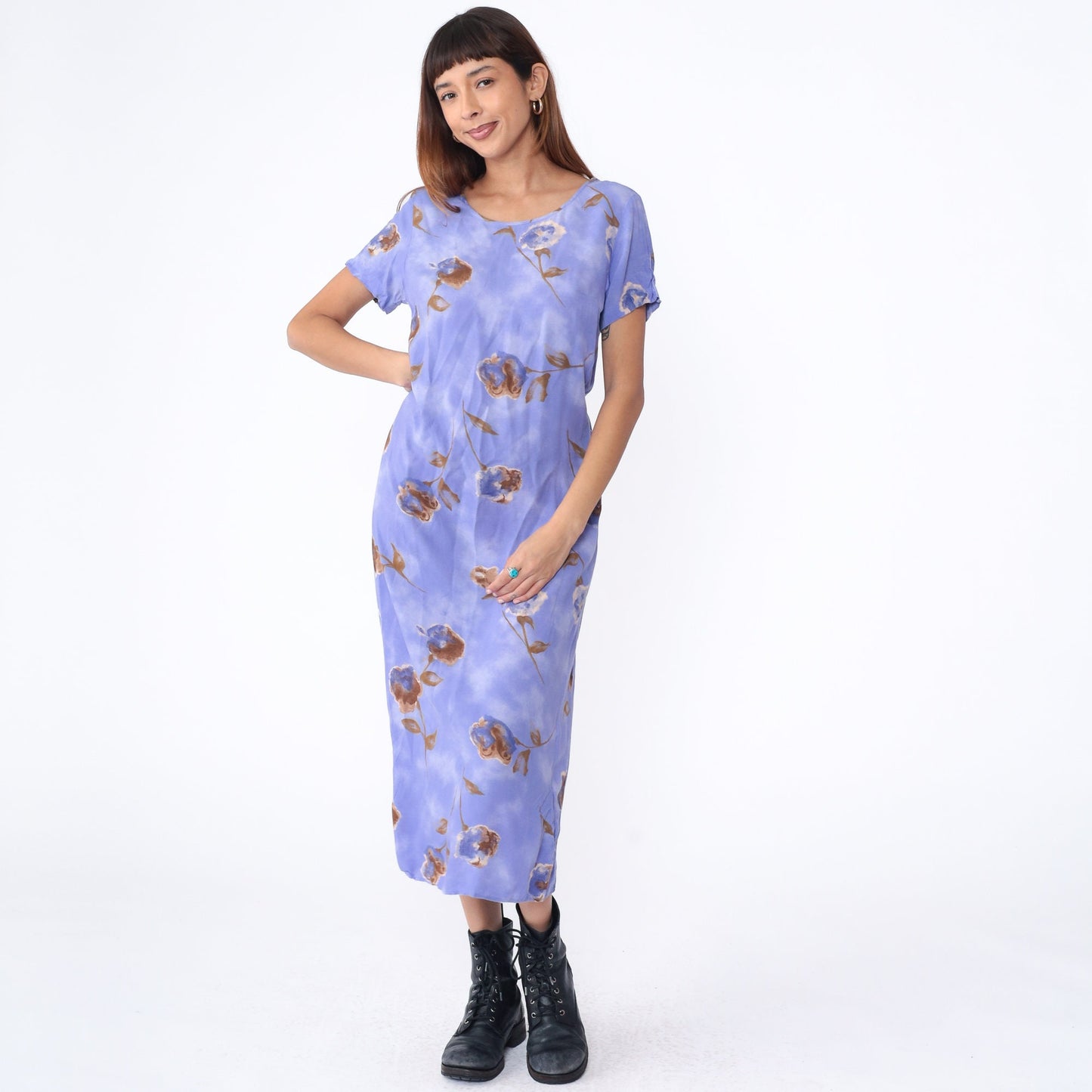 90s Floral Midi Shift Dress Purple Rayon Short Sleeve Scoop Neck Small