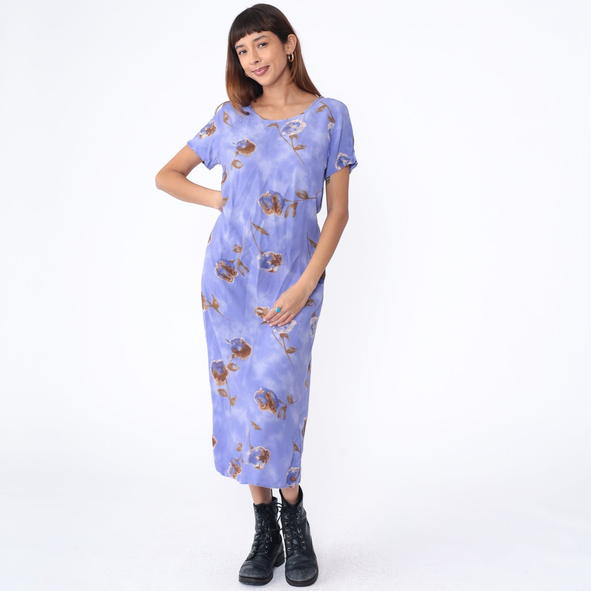 90s Floral Midi Shift Dress Purple Rayon Short Sleeve Scoop Neck Small