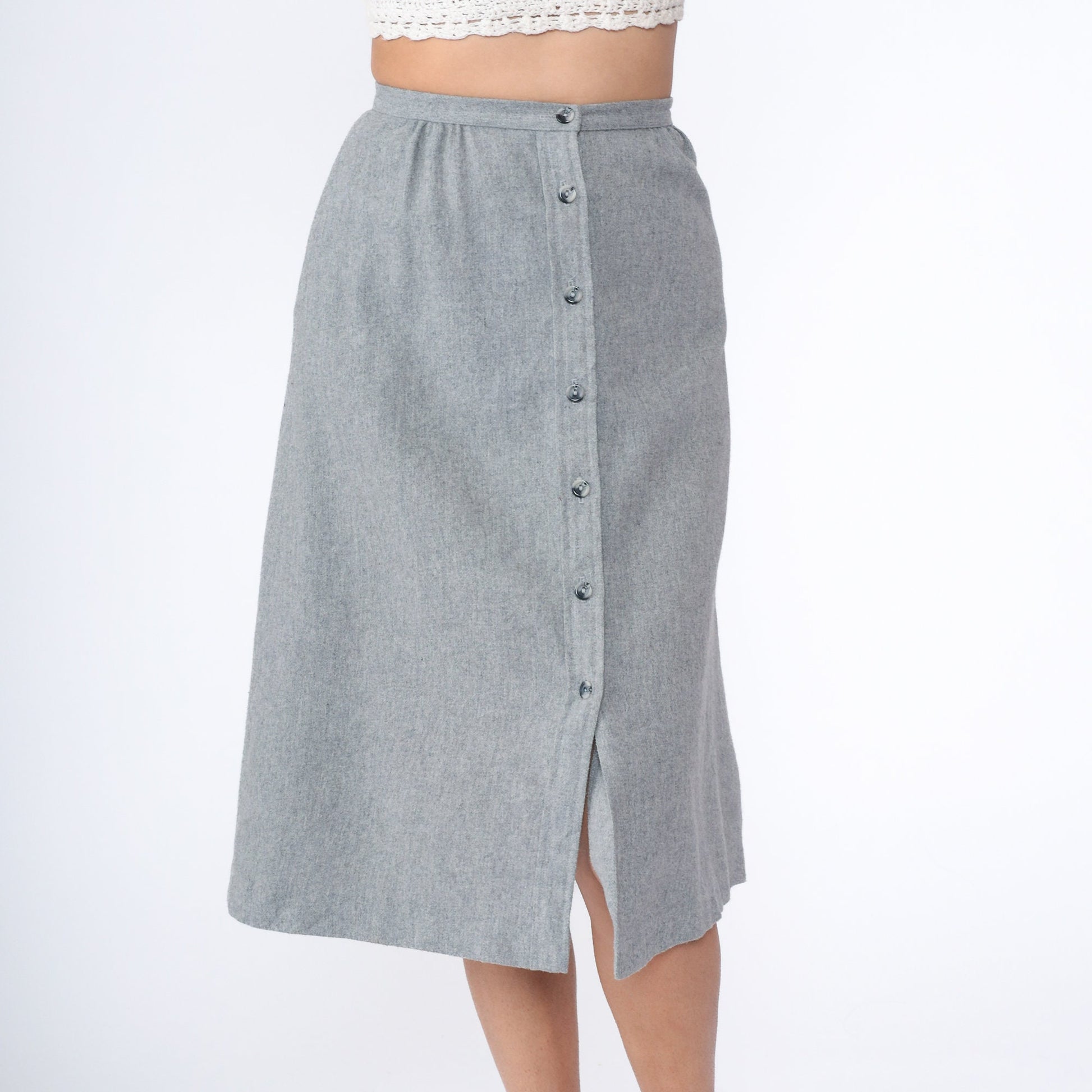 70s Bobbie Brooks Grey Midi Skirt Button Front High Waist Extra Small