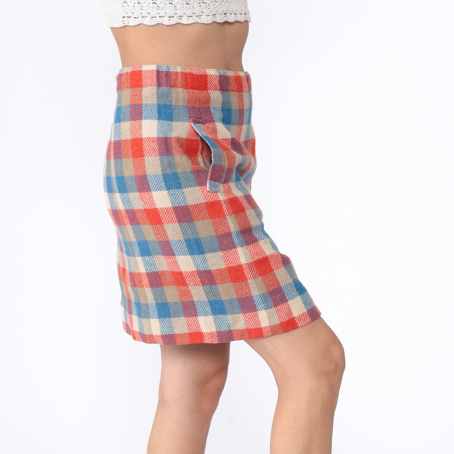 70s Bobbie Brooks Checkered Wool Mini Skirt High Waist Orange Blue Plaid Large
