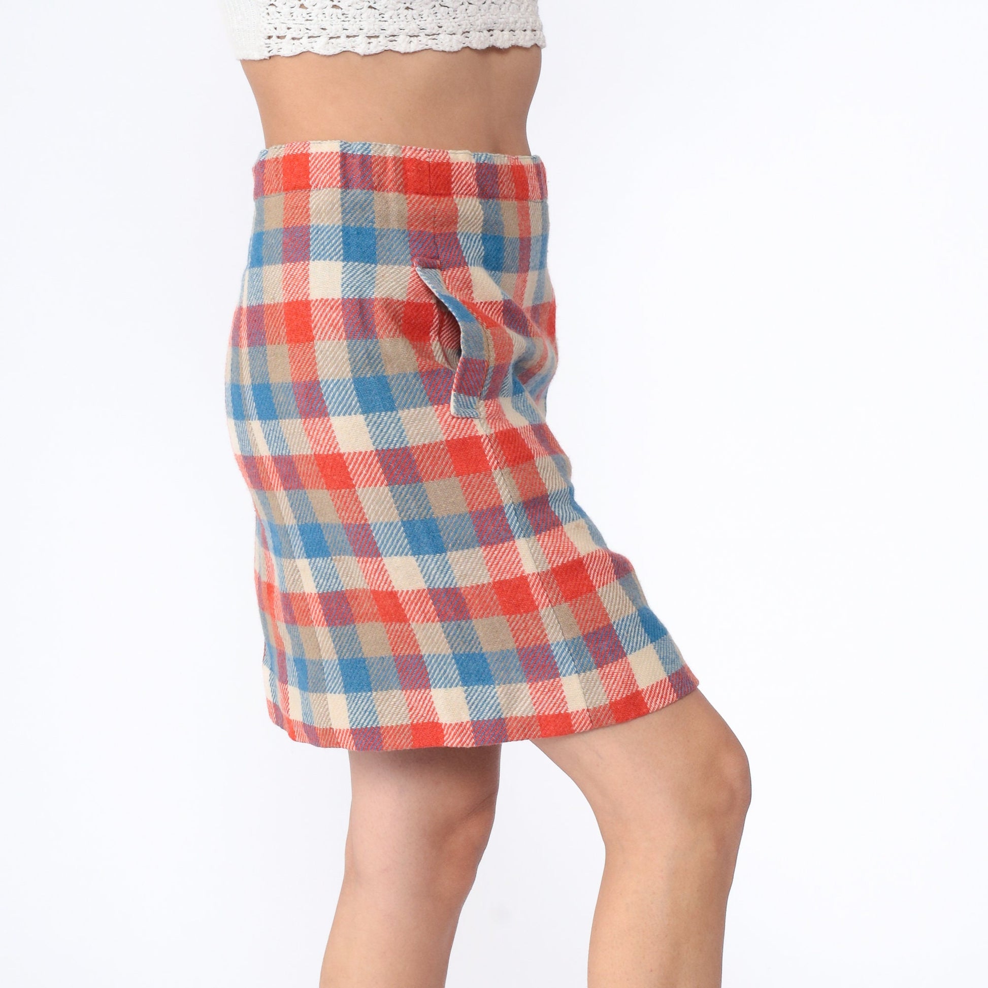 70s Bobbie Brooks Checkered Wool Mini Skirt High Waist Orange Blue Plaid Large