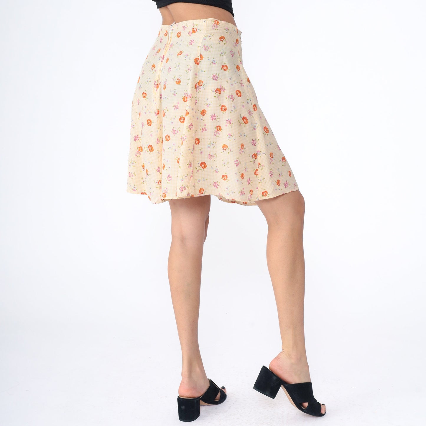 70s Yellow Gingham Floral Mini Skirt High Waist Zipper Medium