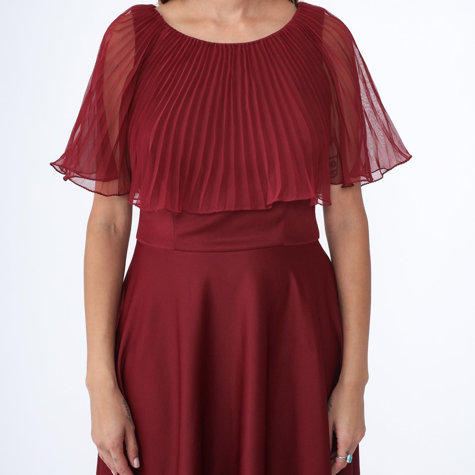 70s Burgundy Chiffon Midi Dress Pleated Capelet High Waist Medium