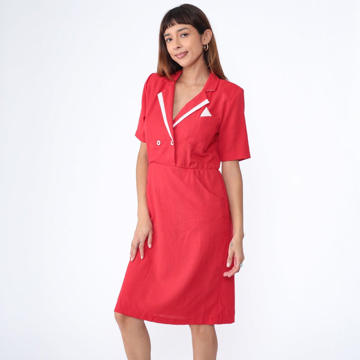 80s Red Wrap Midi Dress White Trim Collared Shirtwaist Medium