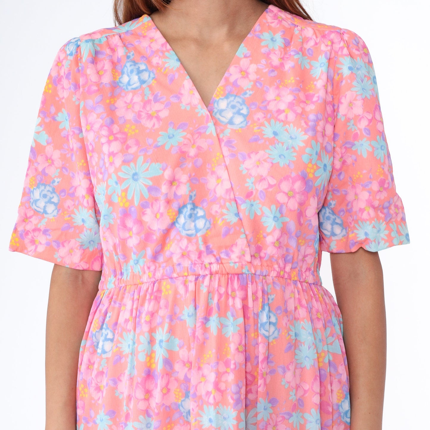70s Floral Midi Dress Peach Pink High Waist Wrap V Neck Short Sleeve Large L