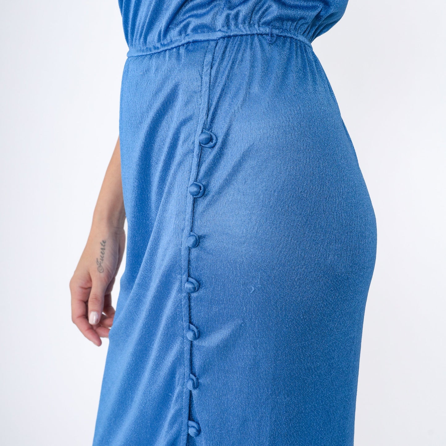 70s Blue Midi Dress Cap Sleeve High Elastic Waist Button Front Small