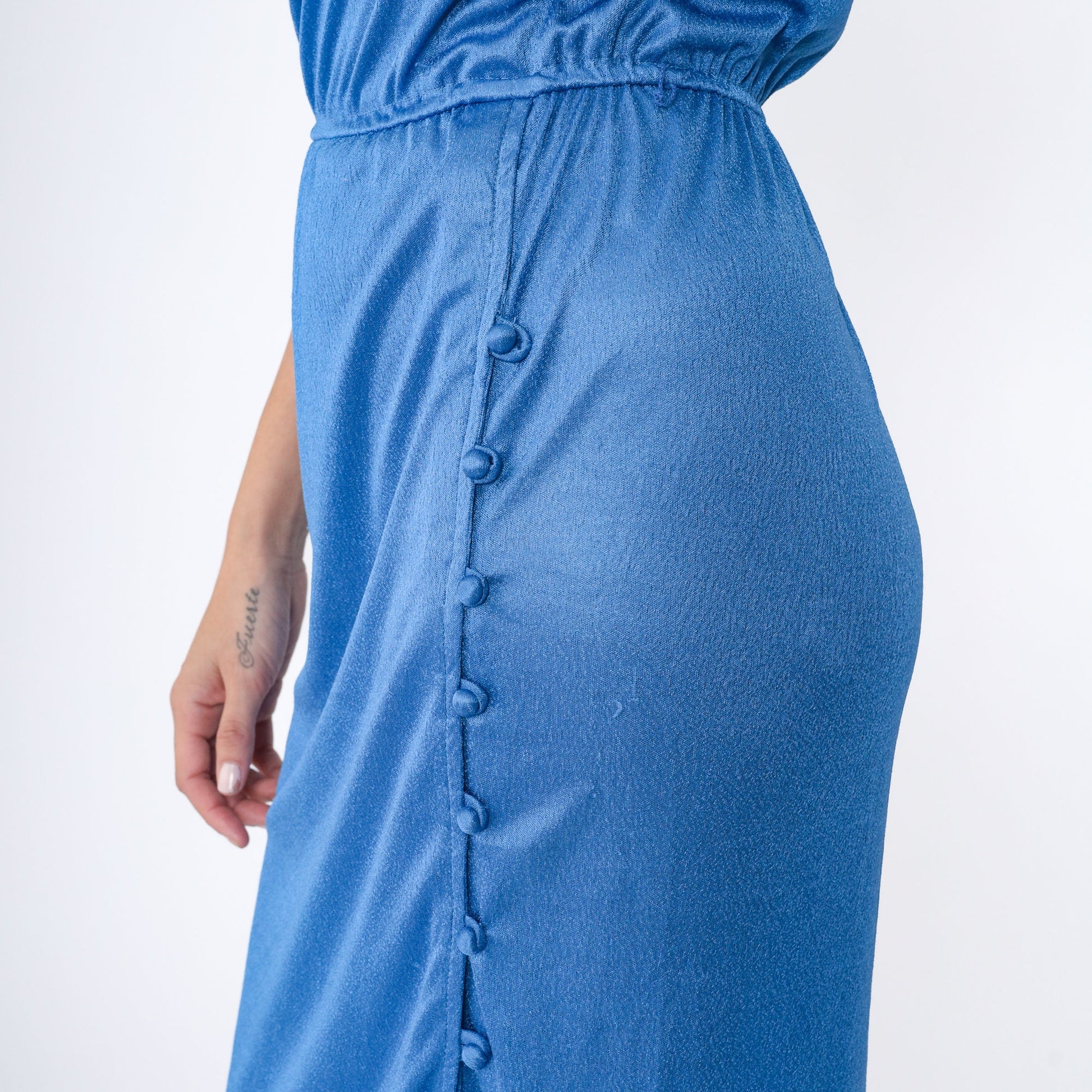 70s Blue Midi Dress Cap Sleeve High Elastic Waist Button Front Small