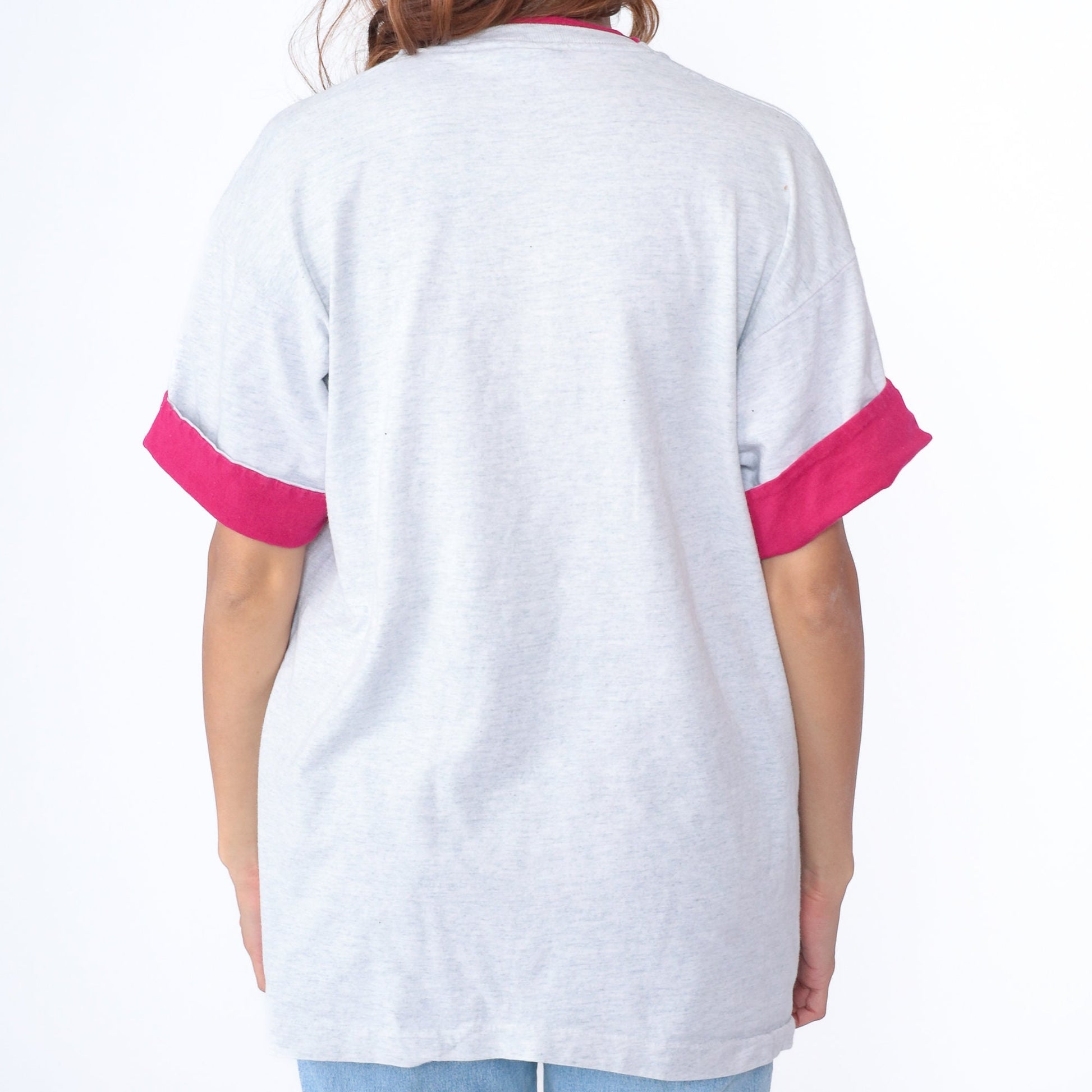 90s St. Scholastica College Ringer Tee Grey Pink Cuffed Sleeve Large