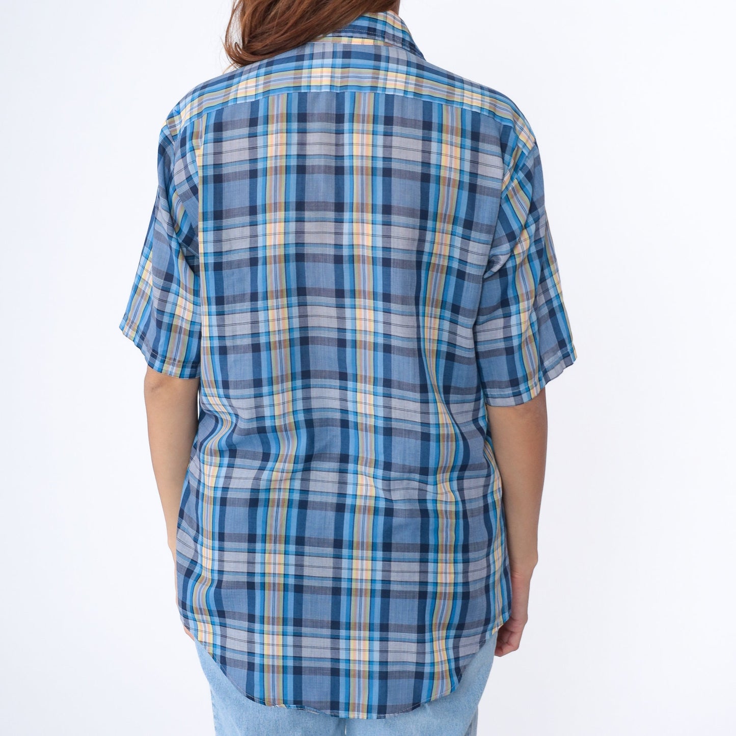 70s Blue Plaid Button-Up Shirt Pointed Collar Short Sleeve Men's Medium