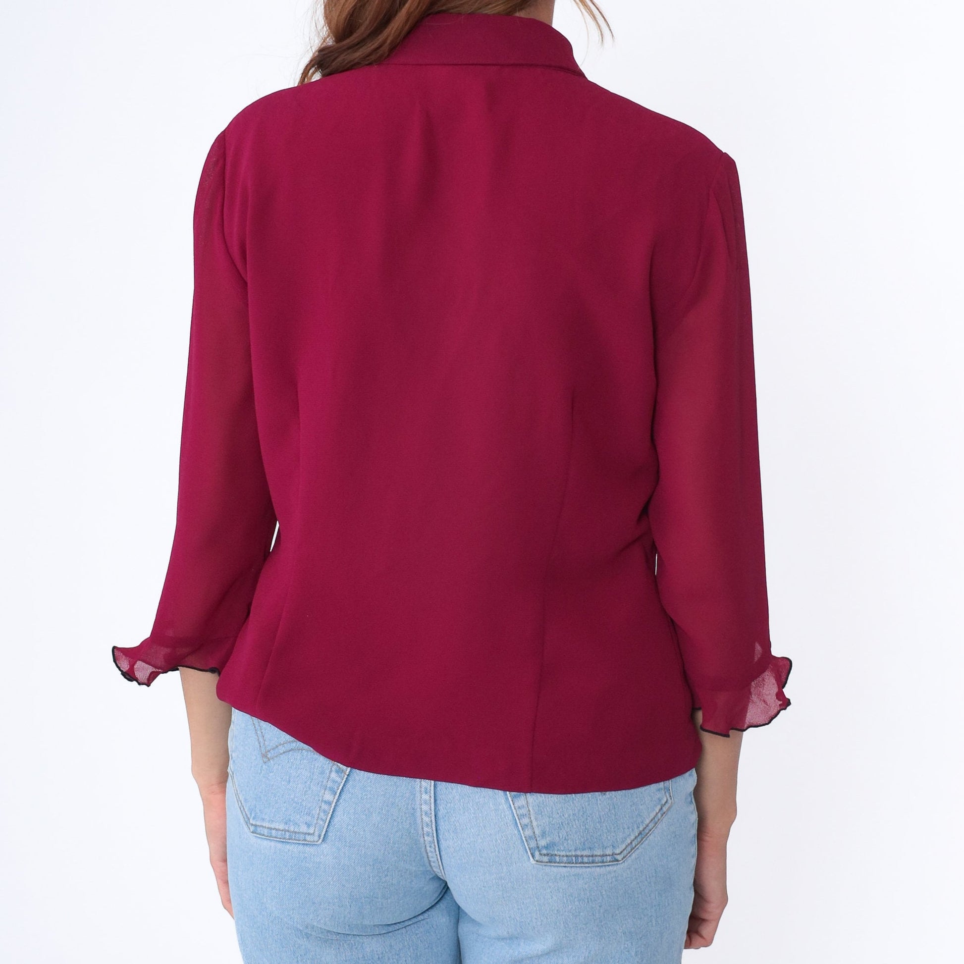 Y2K Raspberry Ruffle Blouse Sheer 3/4 Sleeve Button Up Collared Top Medium