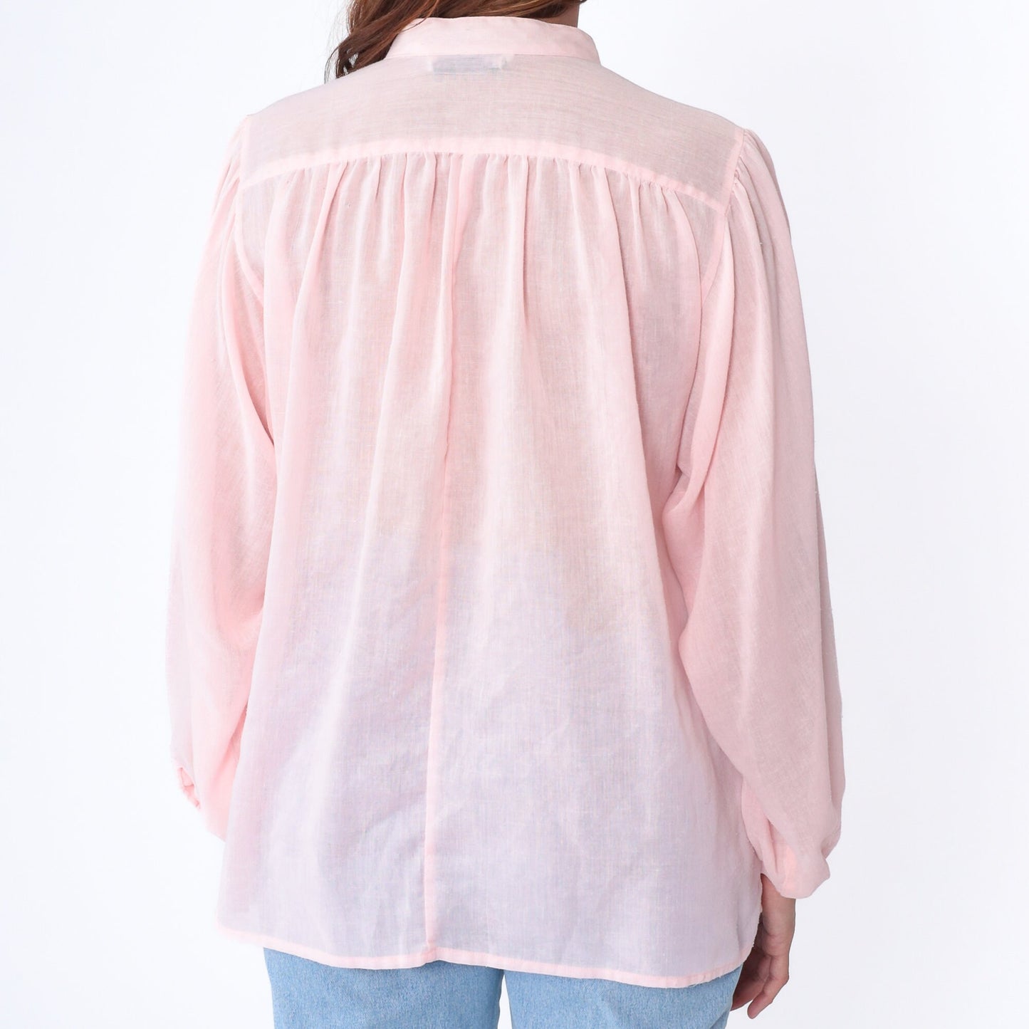 80s Sheer White Blouse Puff Sleeve Collared Button-Up Medium