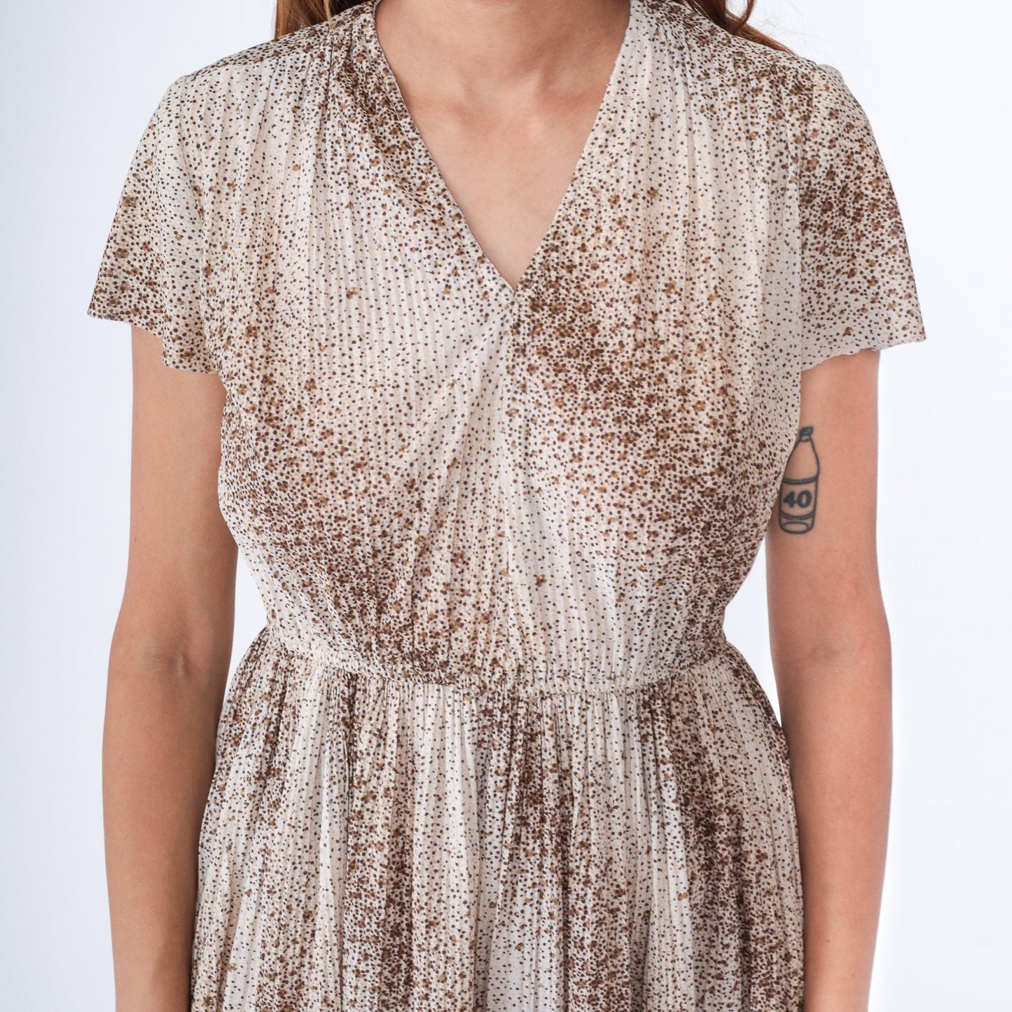 70s Striped Polka Dot Dress White V-Neck Elastic Waist Knee-Length Small